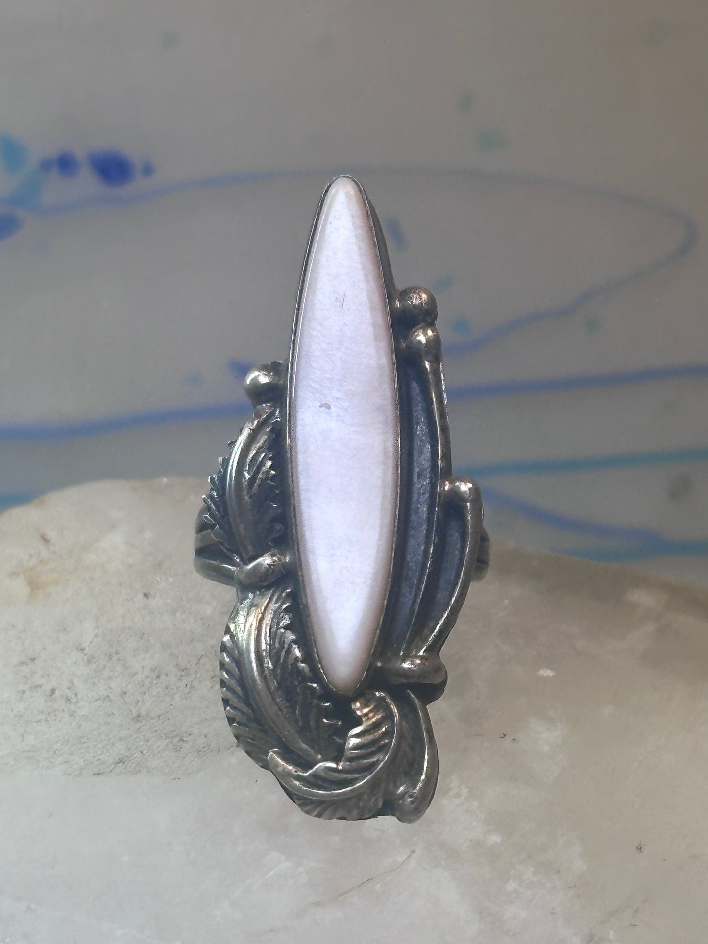 Navajo ring long mother of pearl feathers leaves size 6 sterling silver women