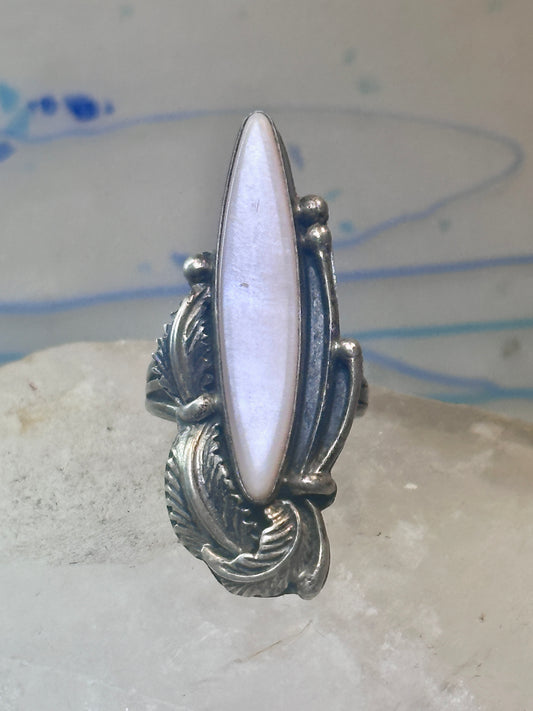 Navajo ring long mother of pearl feathers leaves size 6 sterling silver women