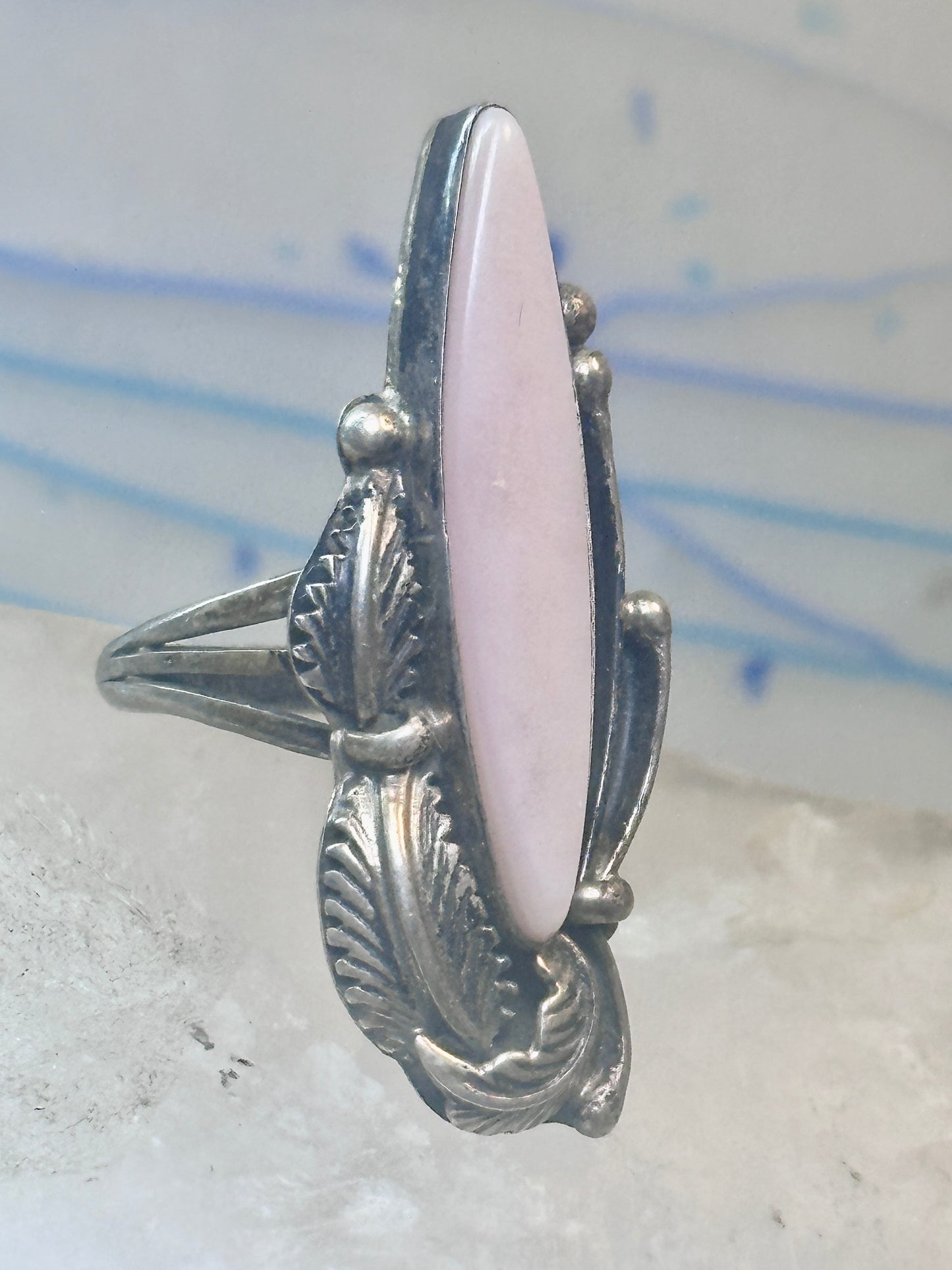 Navajo ring long mother of pearl feathers leaves size 6 sterling silver women