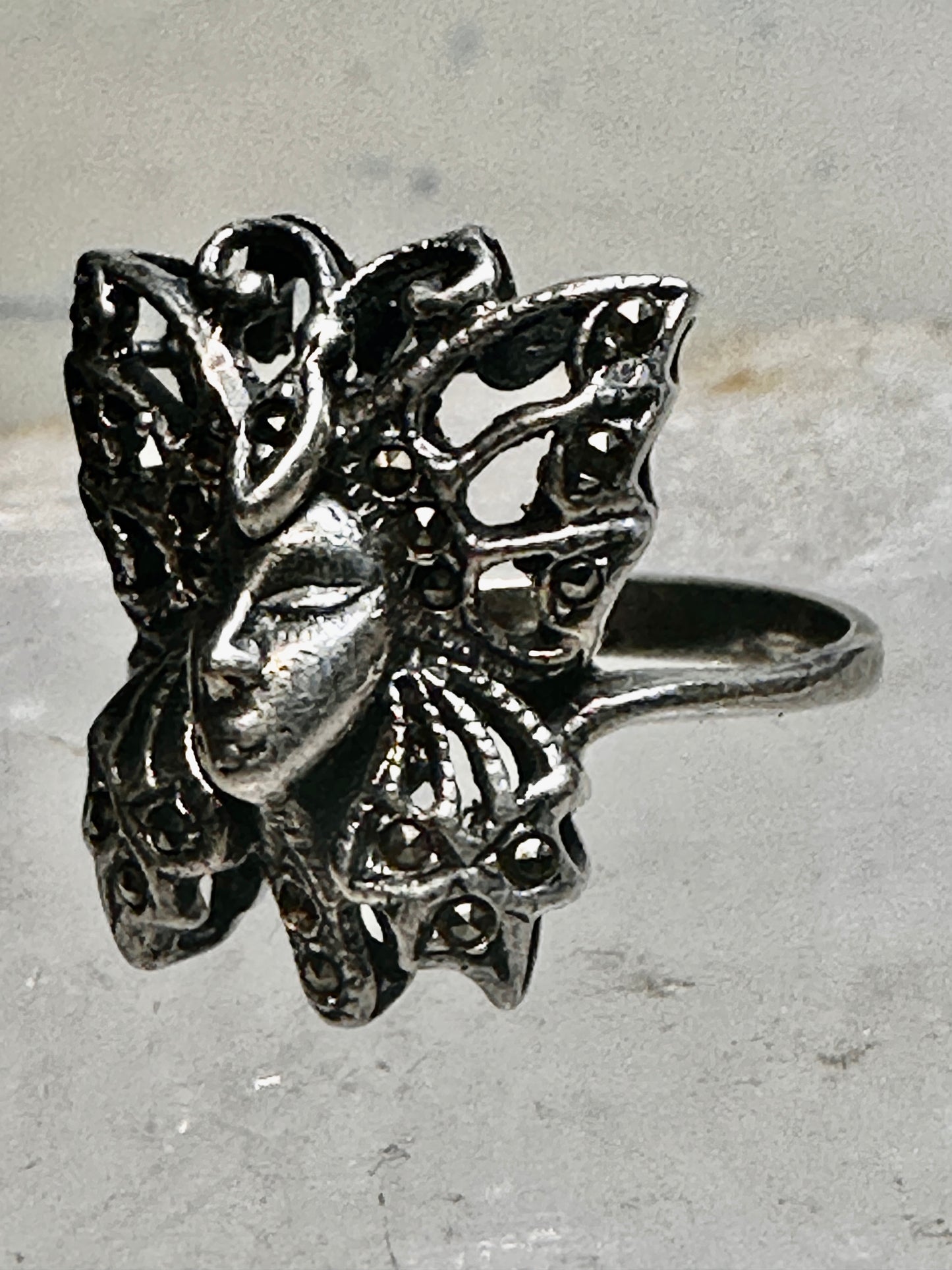 Butterfly ring Lady Face Art Deco size 6 marcasites  sterling silver band women girls