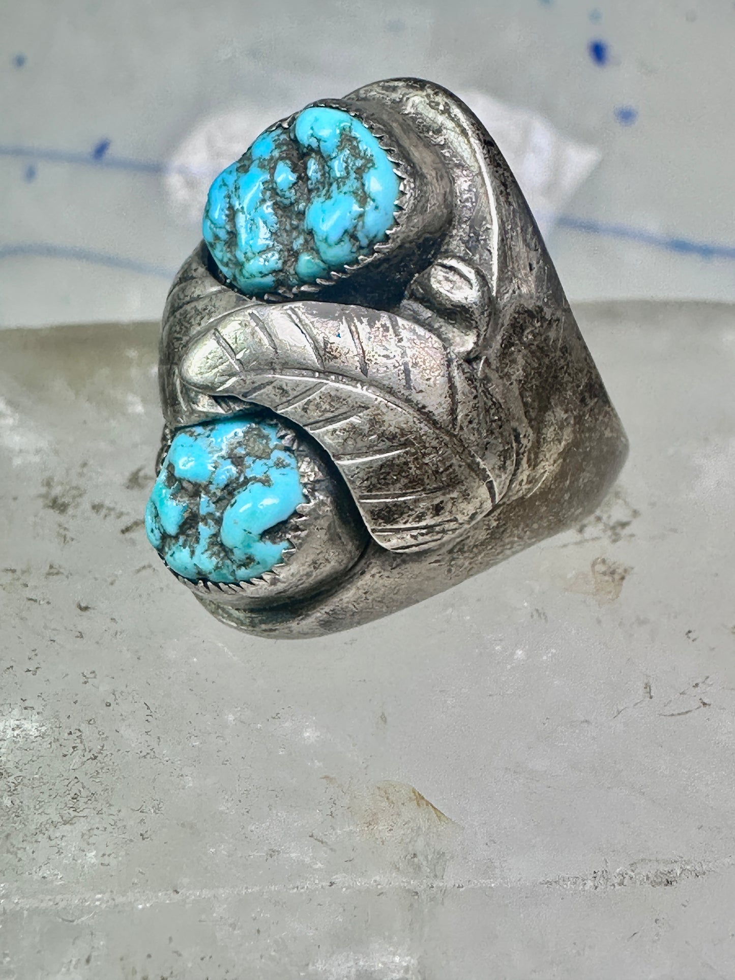 Navajo ring leaves turquoise band size 10.75 sterling silver men women AS IS
