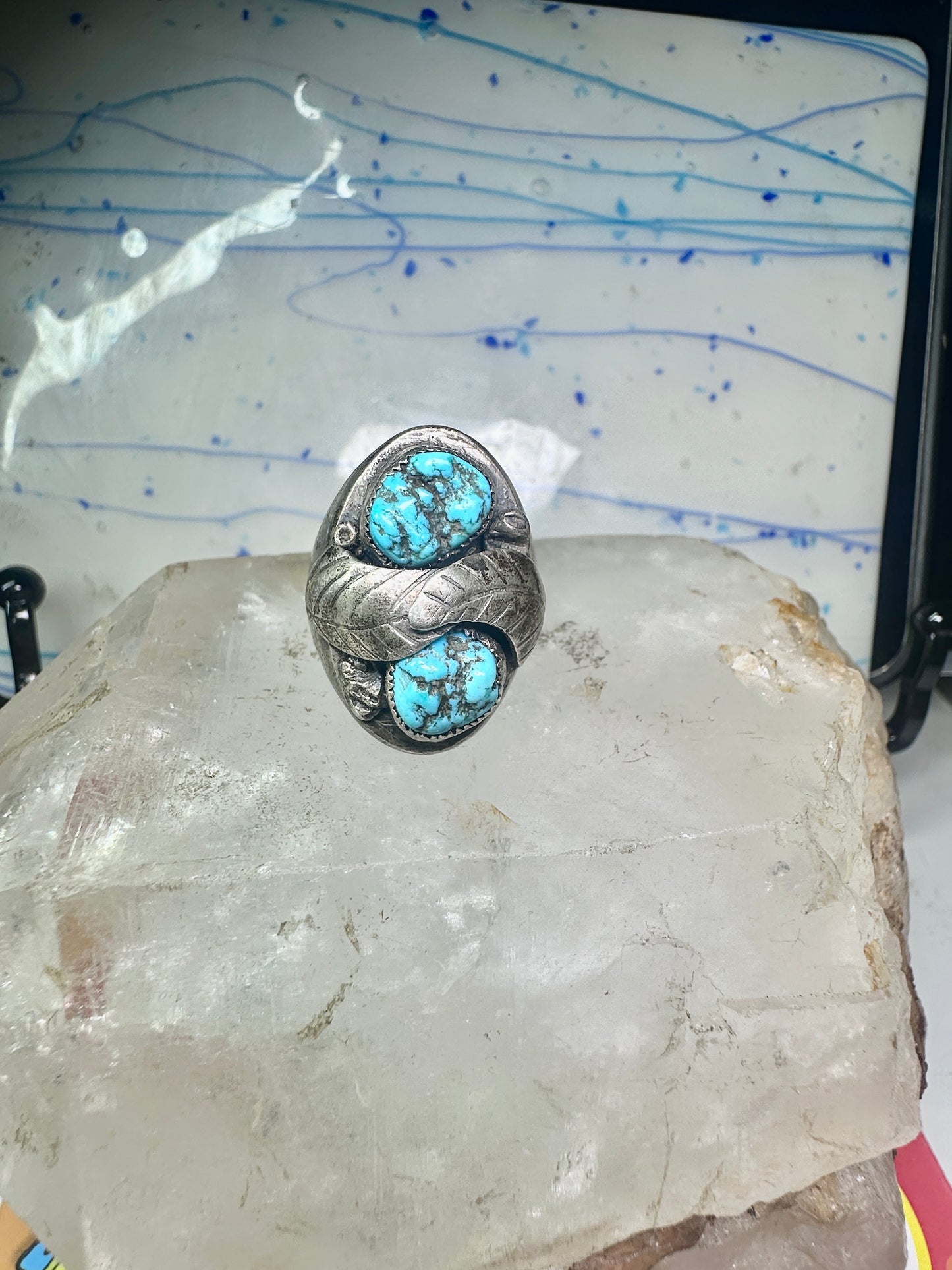 Navajo ring leaves turquoise band size 10.75 sterling silver men women AS IS
