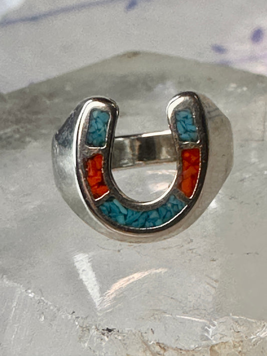Horseshoe ring size 6 southwest good luck coral turquoise chips sterling silver women