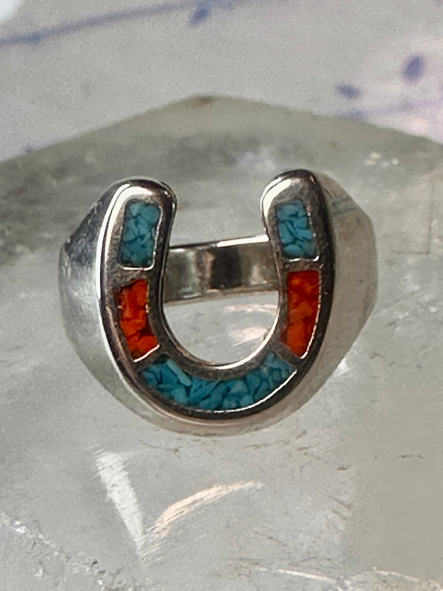 Horseshoe ring size 6 southwest good luck coral turquoise chips sterling silver women
