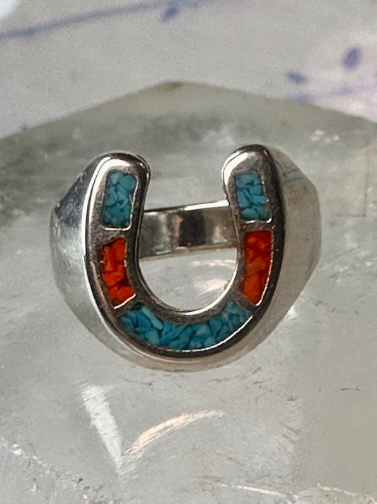 Horseshoe ring size 6 southwest good luck coral turquoise chips sterling silver women