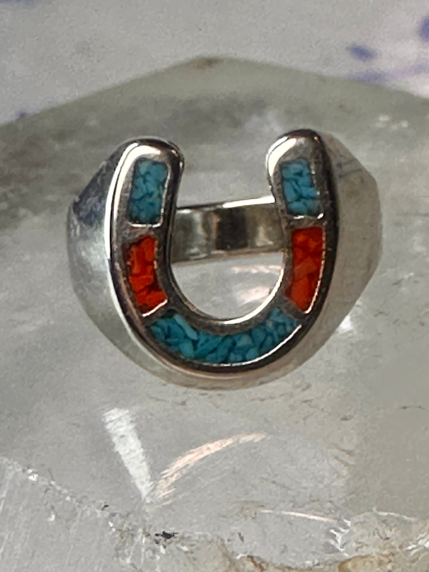 Horseshoe ring size 6 southwest good luck coral turquoise chips sterling silver women