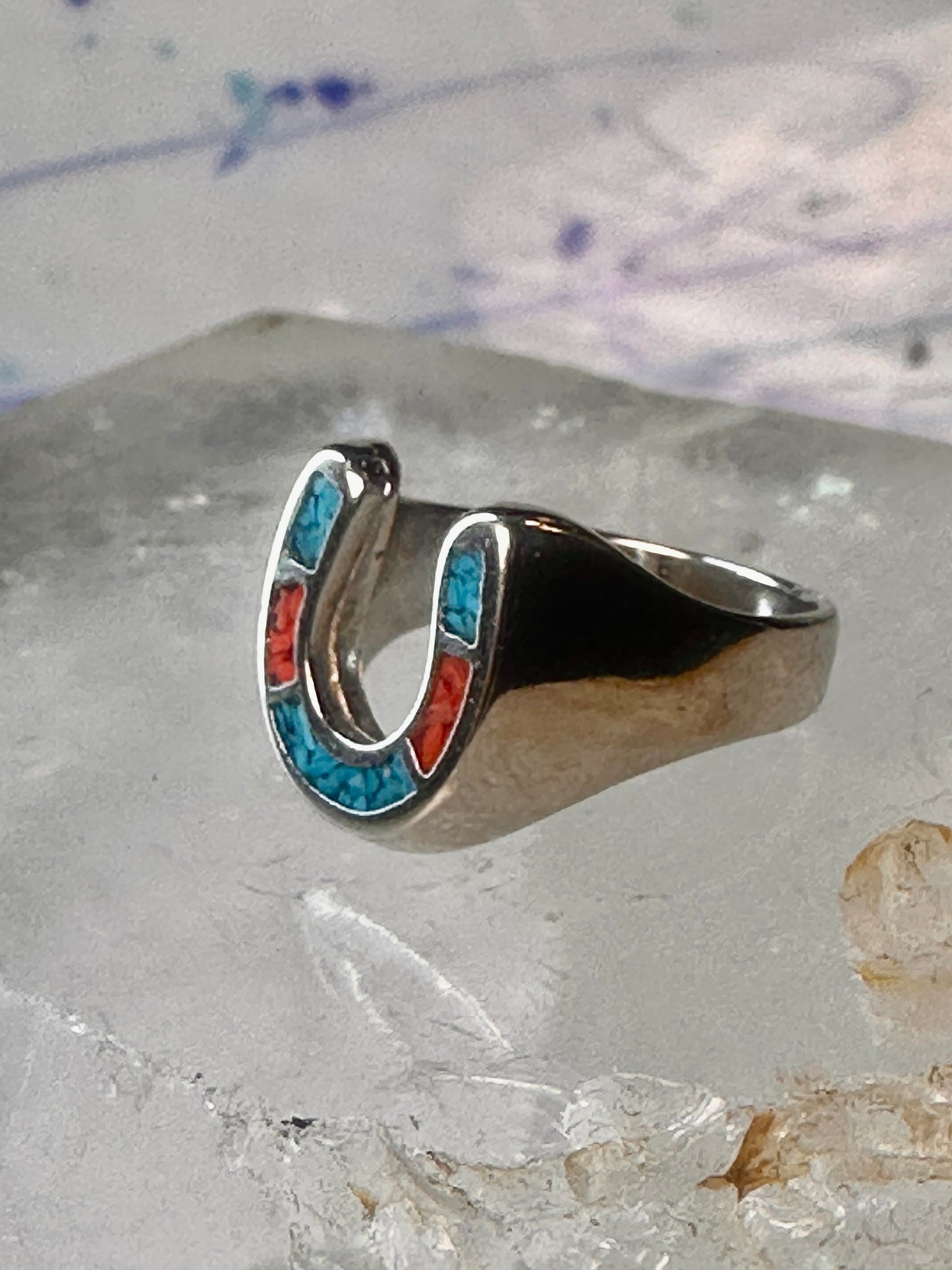 Horseshoe ring size 6 southwest good luck coral turquoise chips sterling silver women