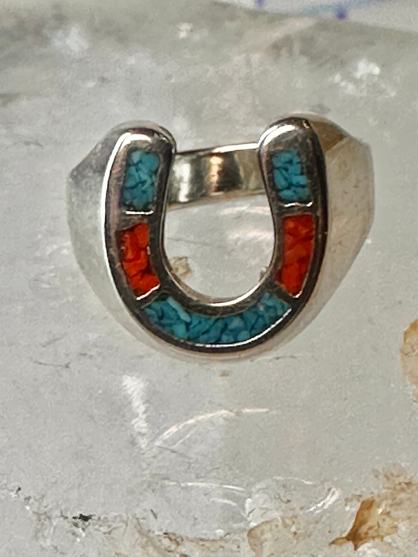 Horseshoe ring size 6 southwest good luck coral turquoise chips sterling silver women