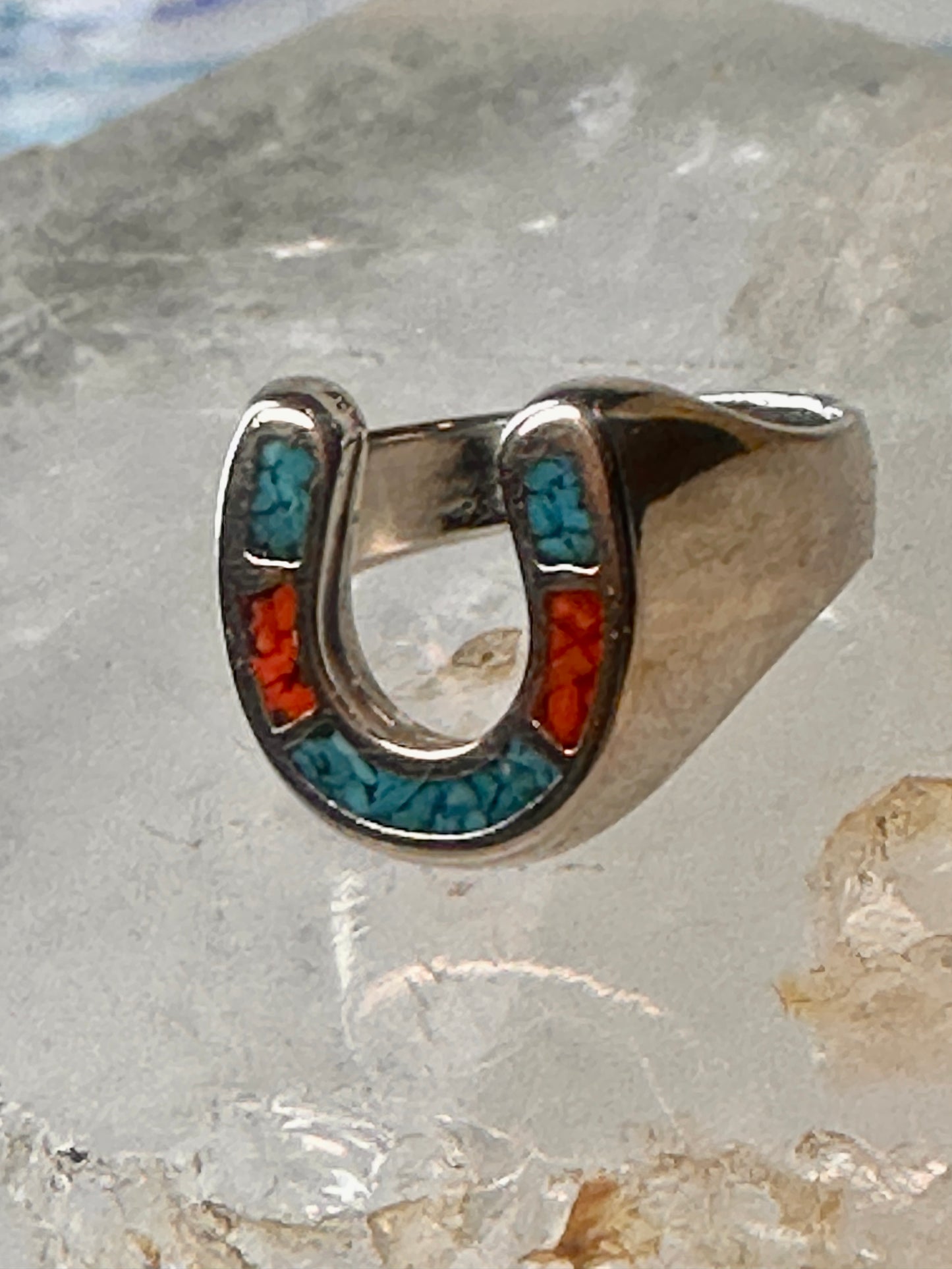 Horseshoe ring size 6 southwest good luck coral turquoise chips sterling silver women