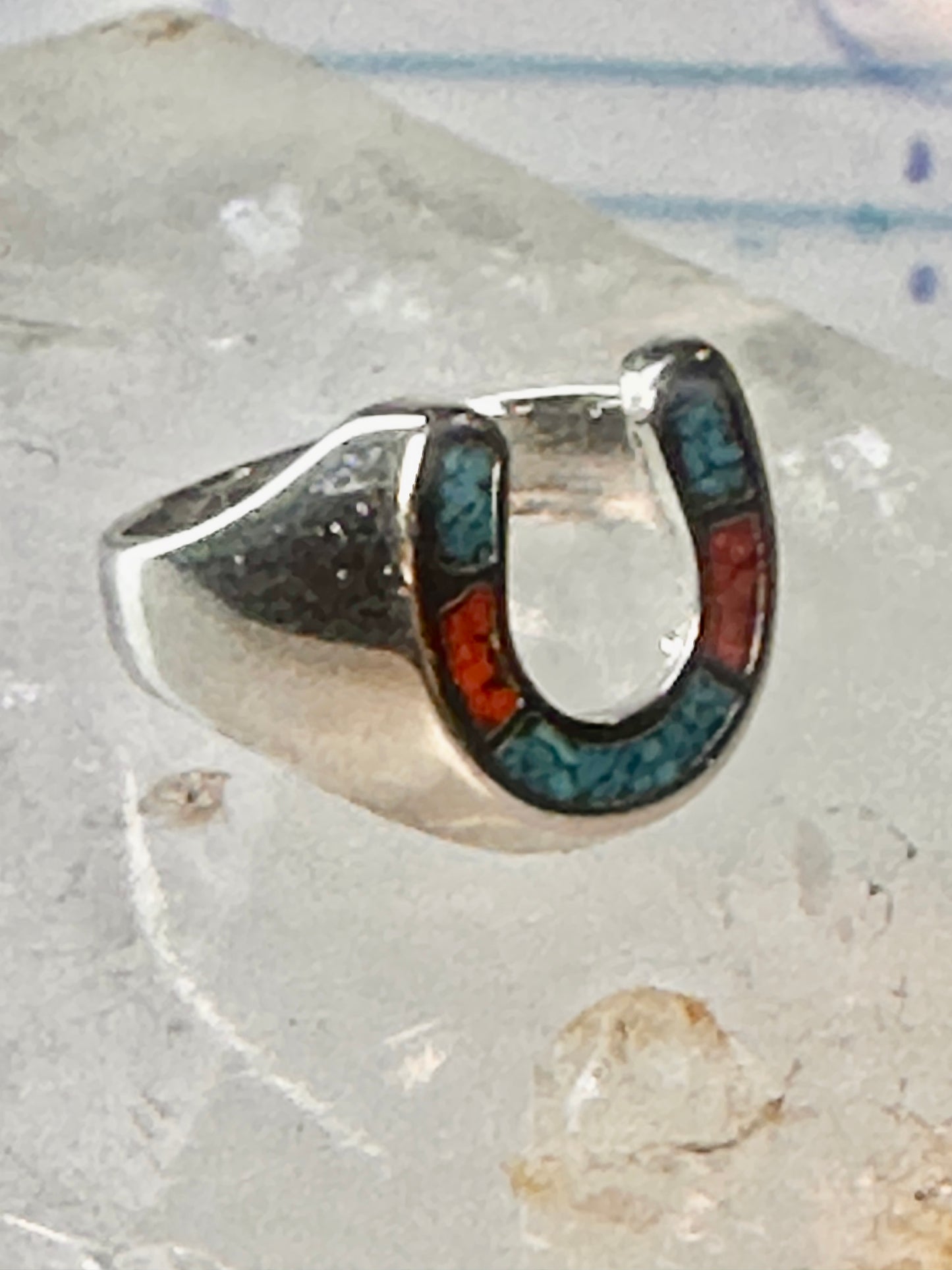 Horseshoe ring size 6 southwest good luck coral turquoise chips sterling silver women
