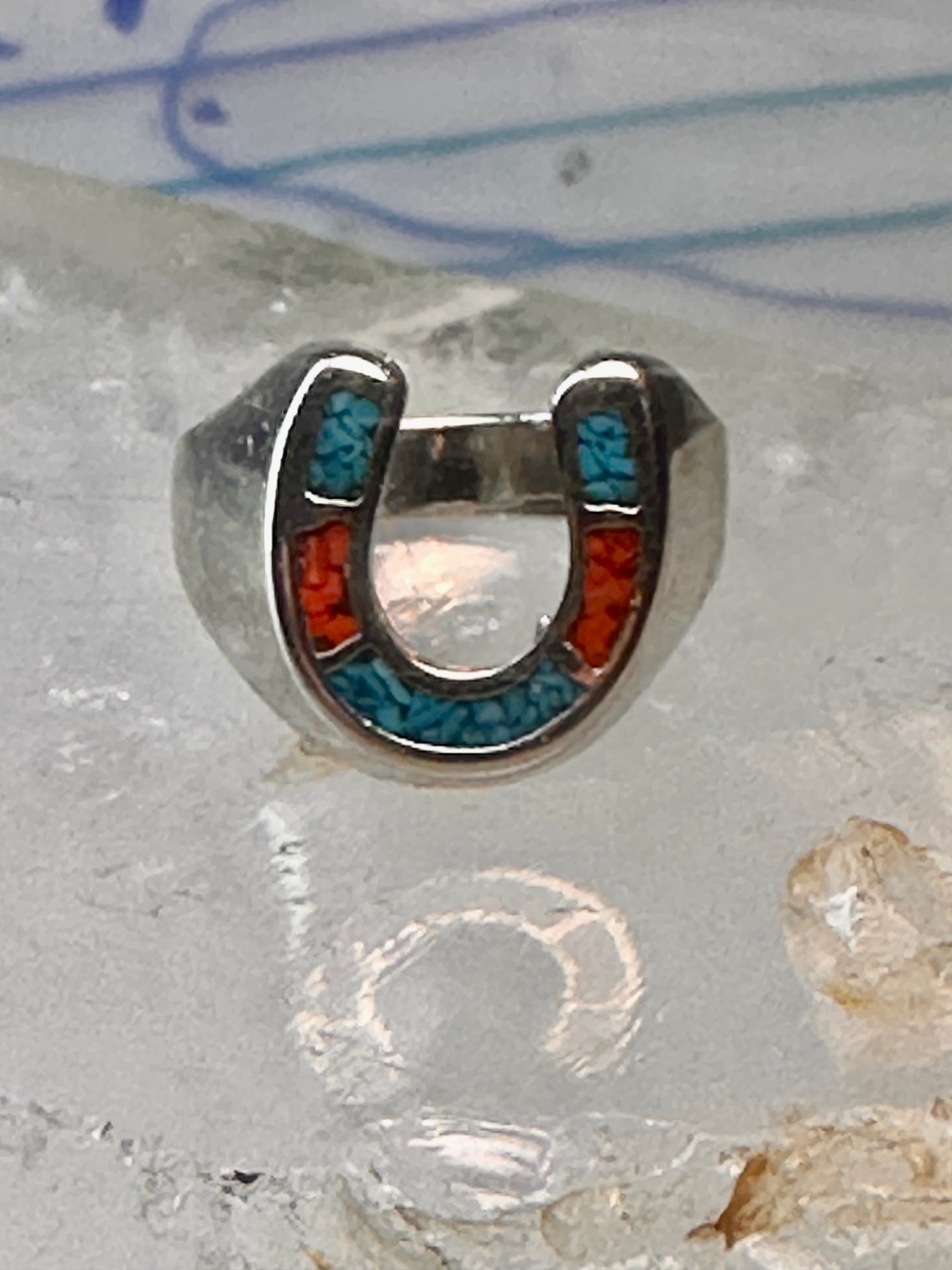 Horseshoe ring size 6 southwest good luck coral turquoise chips sterling silver women