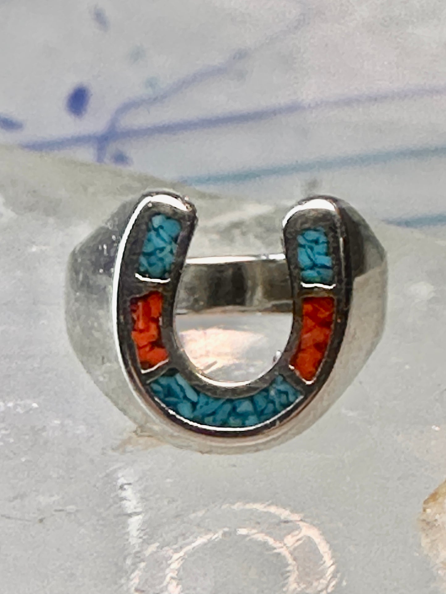 Horseshoe ring size 6 southwest good luck coral turquoise chips sterling silver women