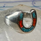 Horseshoe ring size 6 southwest good luck coral turquoise chips sterling silver women