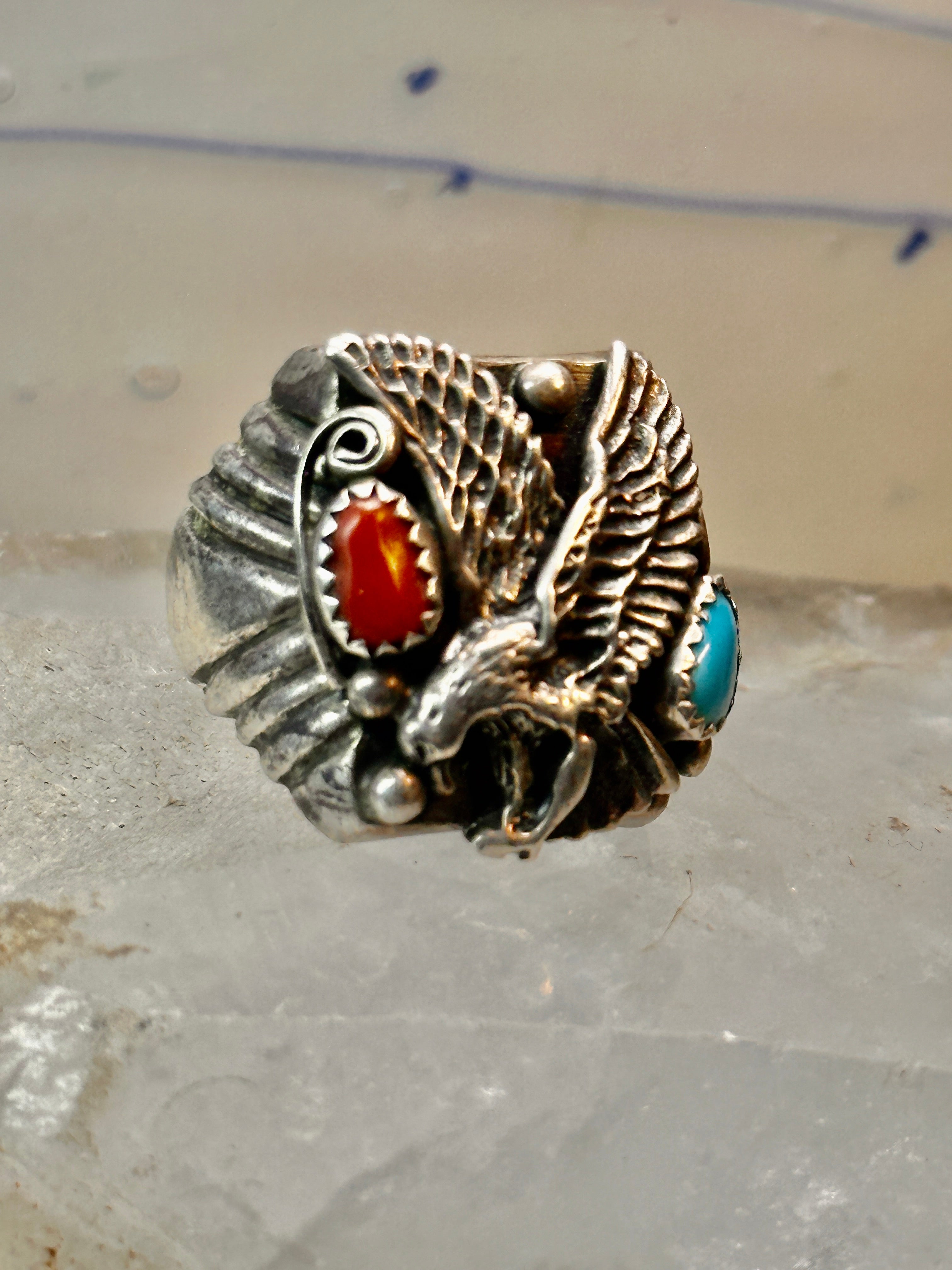 Vintage Native American coral and turquoise sterling silver size high quality 11 ring