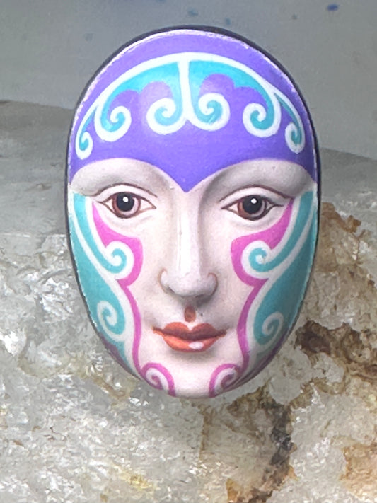 Sergio Bustamante ring face figurative band size 6.75 sterling silver women