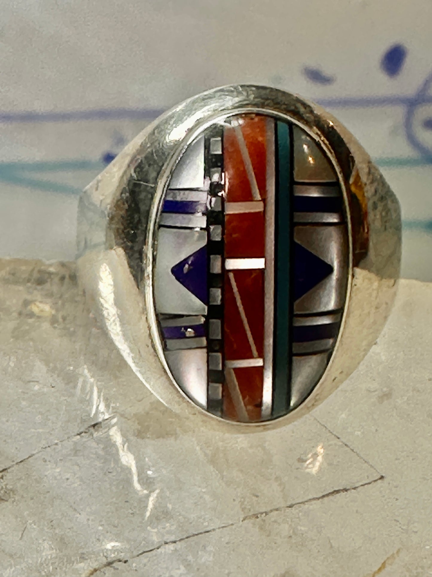 Zuni ring size 8 Turquoise, Coral, Lapis Lazuli, MOP,sterling silver women sign JM