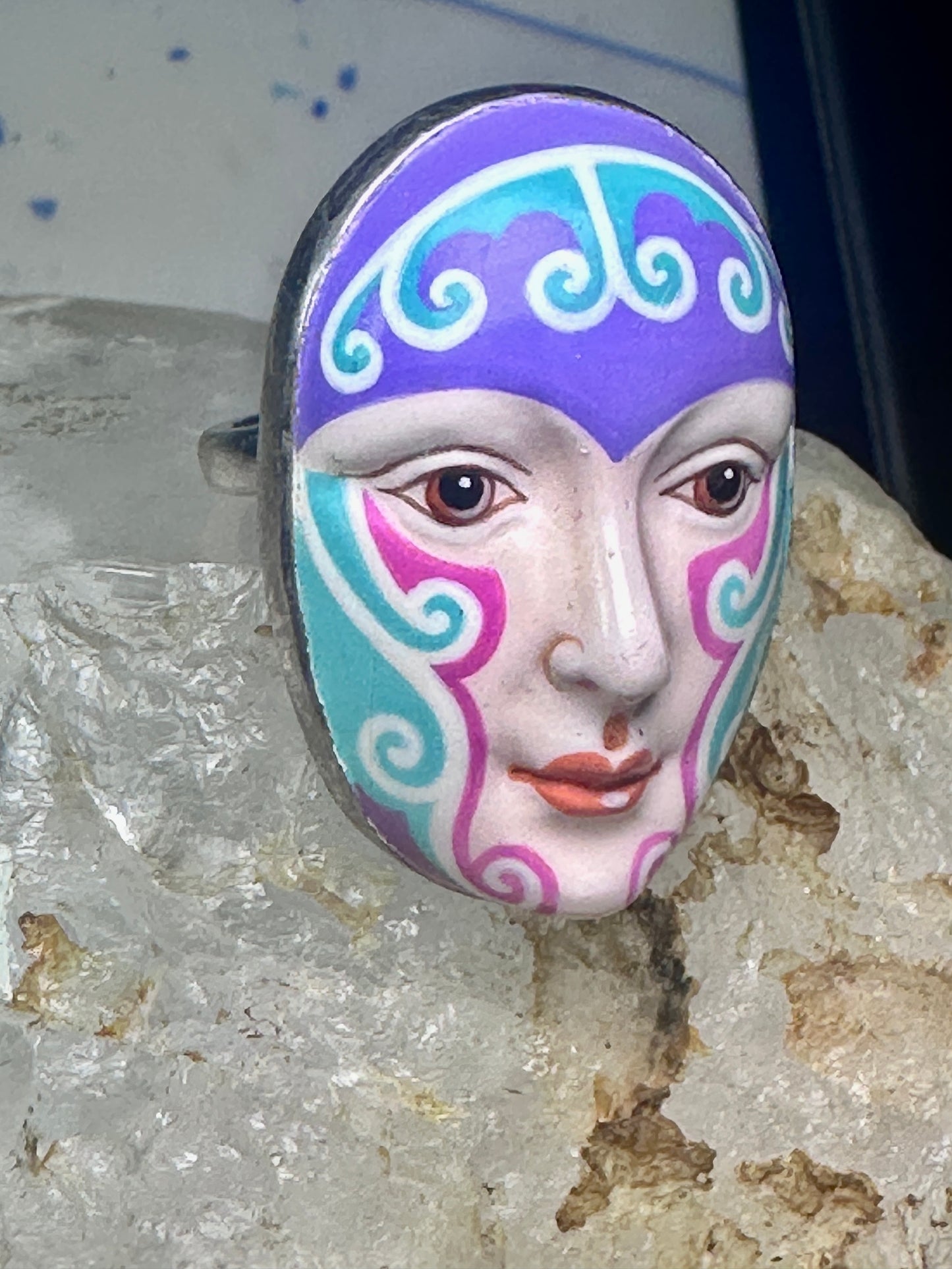 Sergio Bustamante ring face figurative band size 6.75 sterling silver women