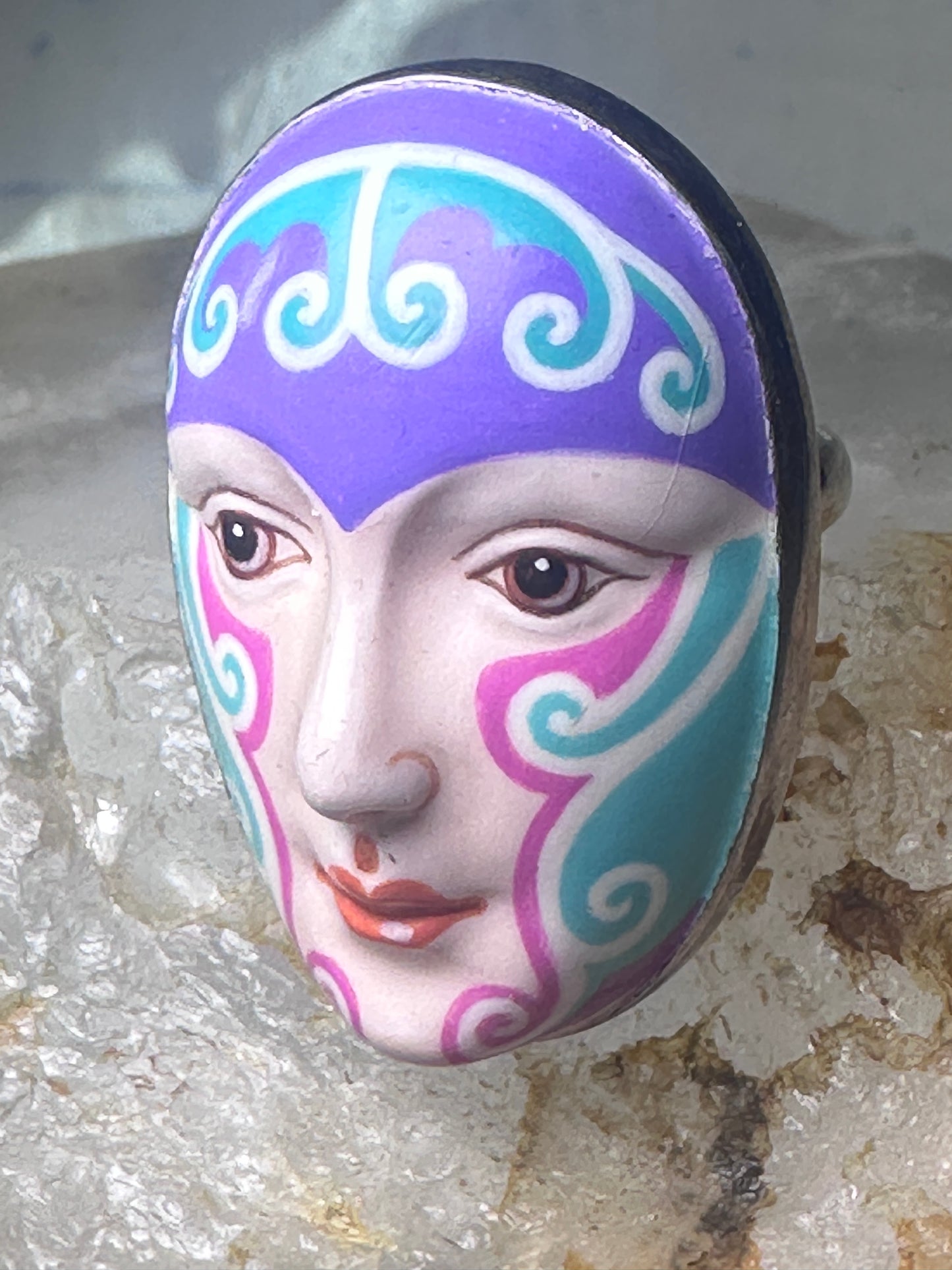 Sergio Bustamante ring face figurative band size 6.75 sterling silver women