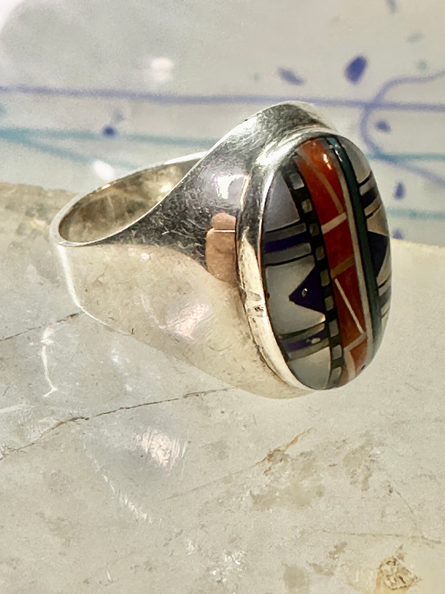 Zuni ring size 8 Turquoise, Coral, Lapis Lazuli, MOP,sterling silver women sign JM