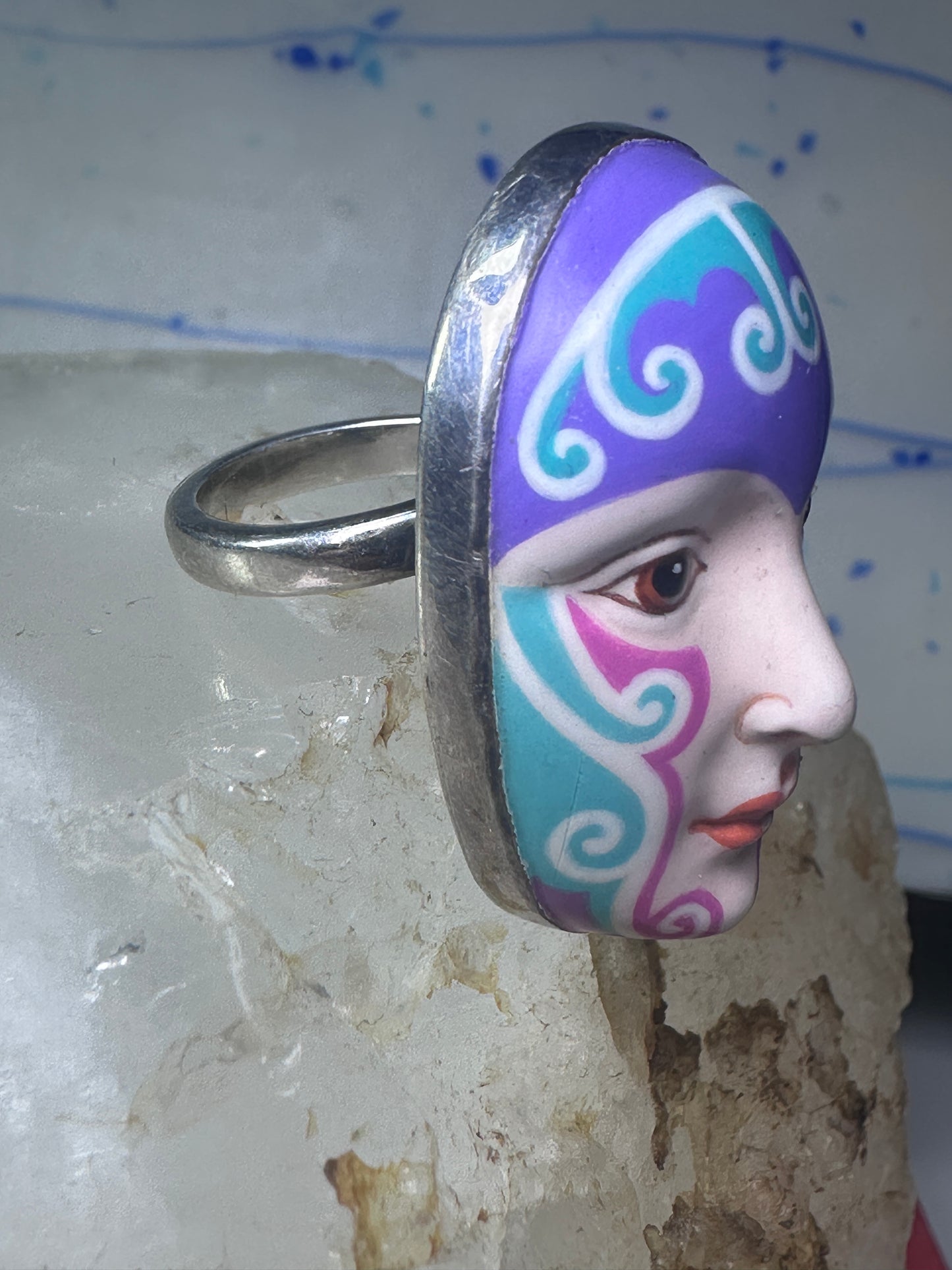 Sergio Bustamante ring face figurative band size 6.75 sterling silver women