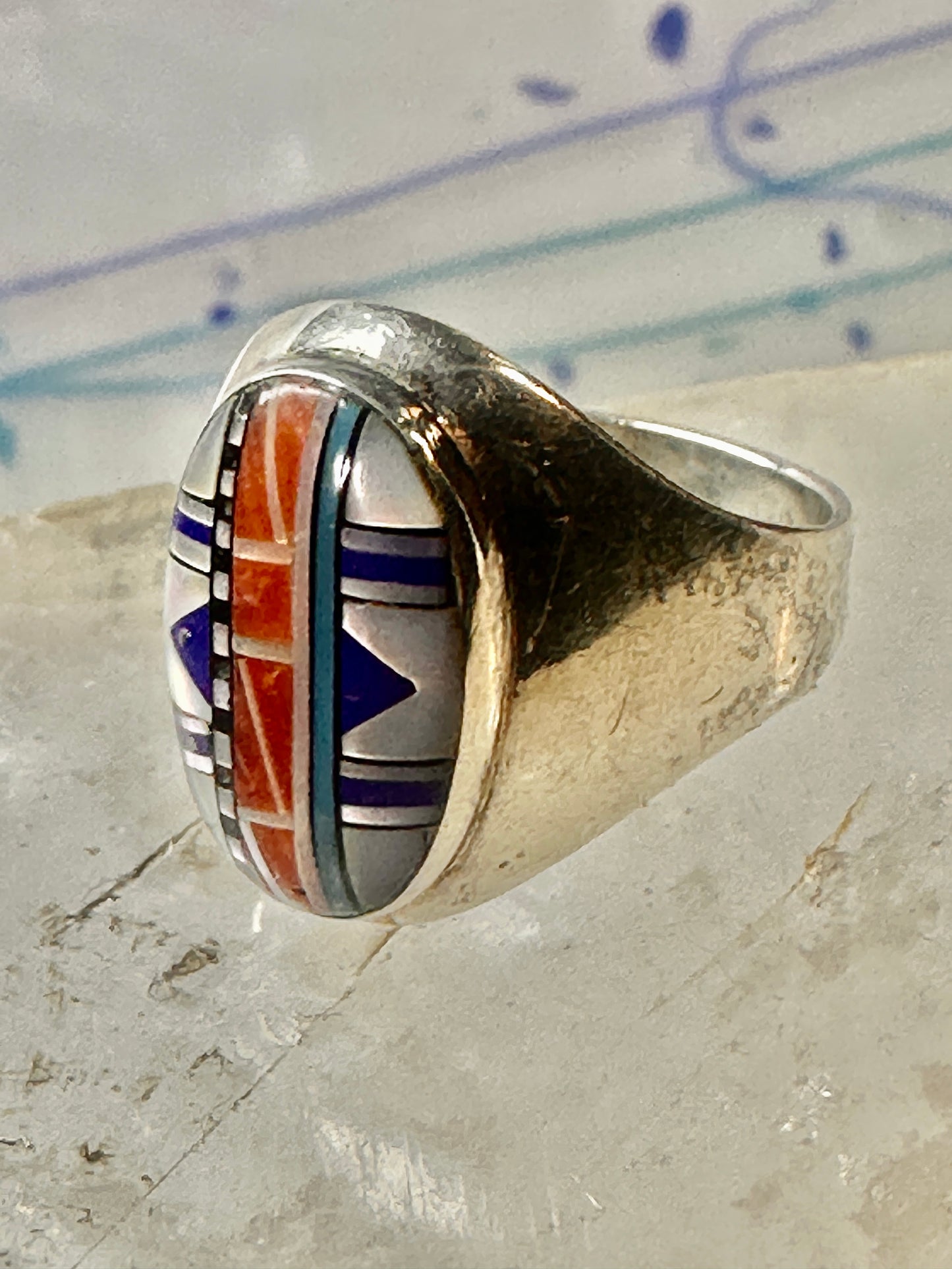 Zuni ring size 8 Turquoise, Coral, Lapis Lazuli, MOP,sterling silver women sign JM