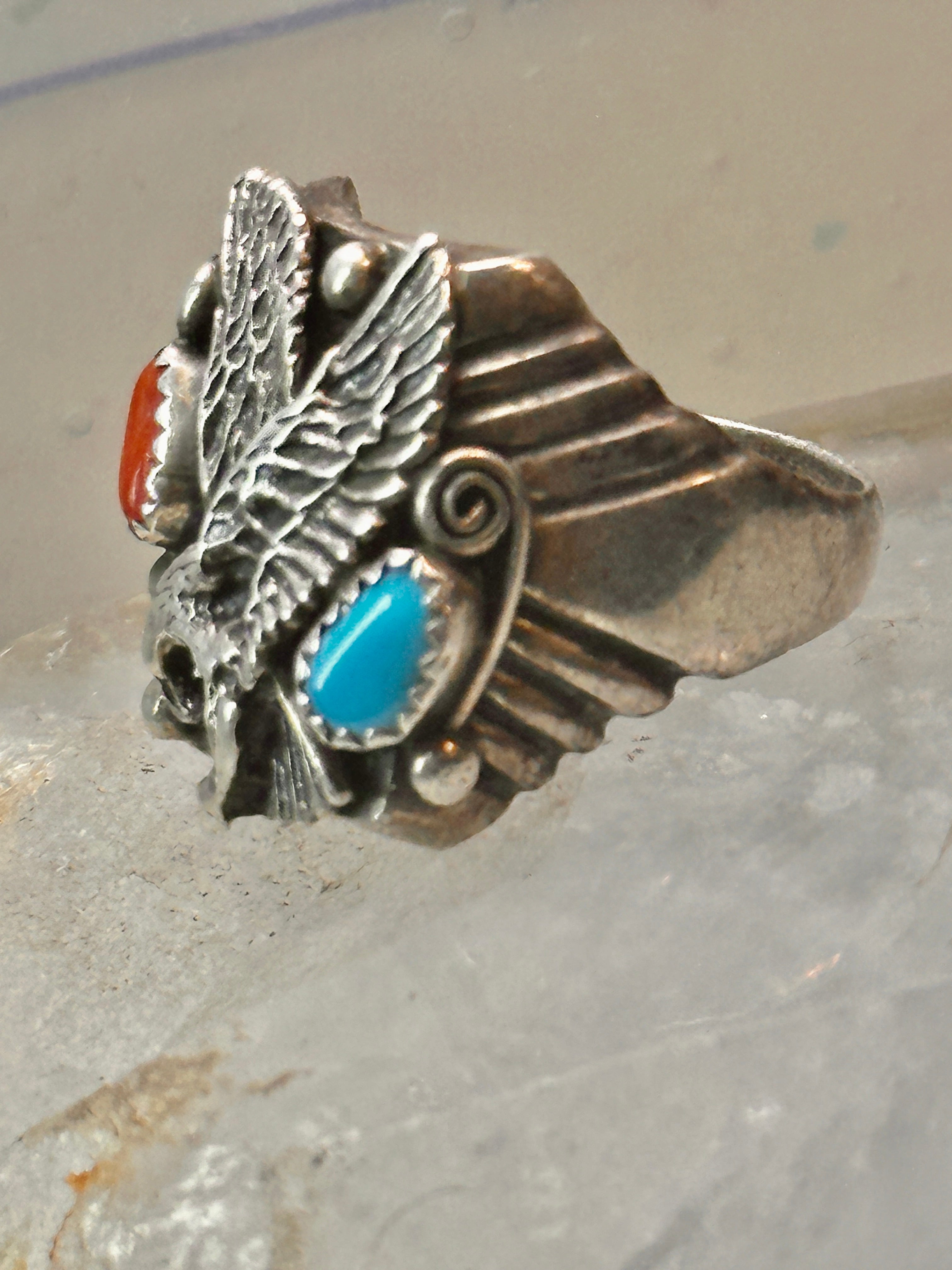 Sterling Silver turquoise and shops coral eagle ring