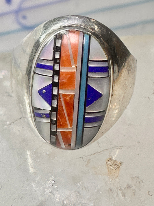 Zuni ring size 8 Turquoise, Coral, Lapis Lazuli, MOP,sterling silver women sign JM