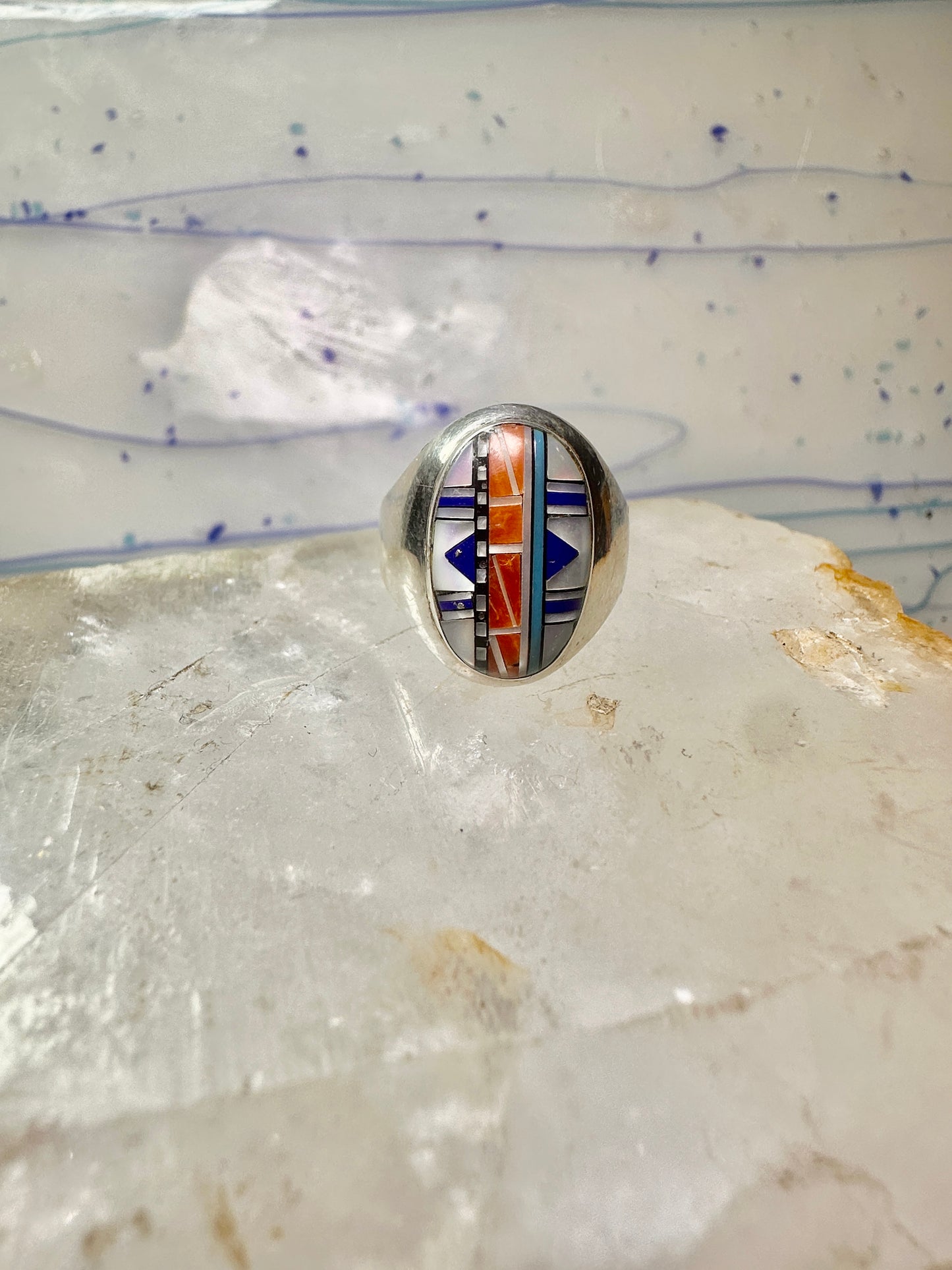 Zuni ring size 8 Turquoise, Coral, Lapis Lazuli, MOP,sterling silver women sign JM