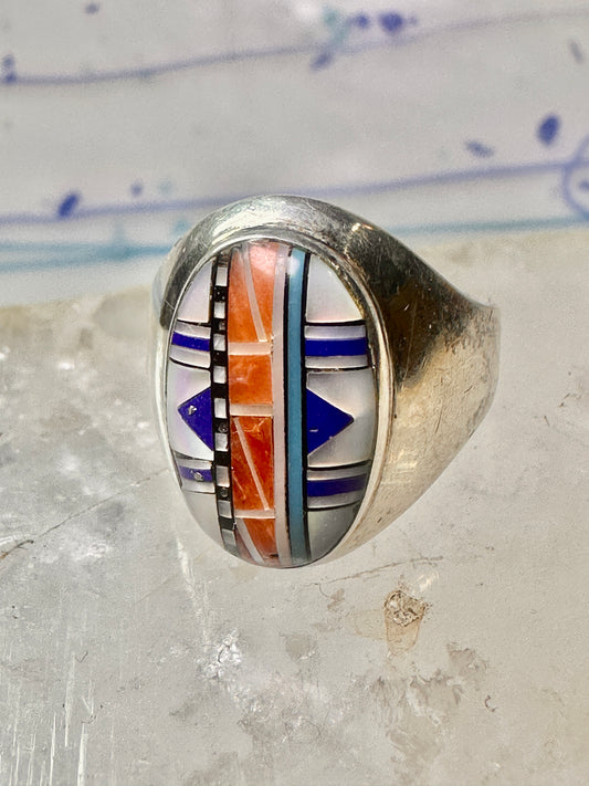 Zuni ring size 8 Turquoise, Coral, Lapis Lazuli, MOP,sterling silver women sign JM