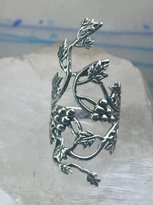 Long grape leaves ring long vine full finger band size 9 sterling silver women