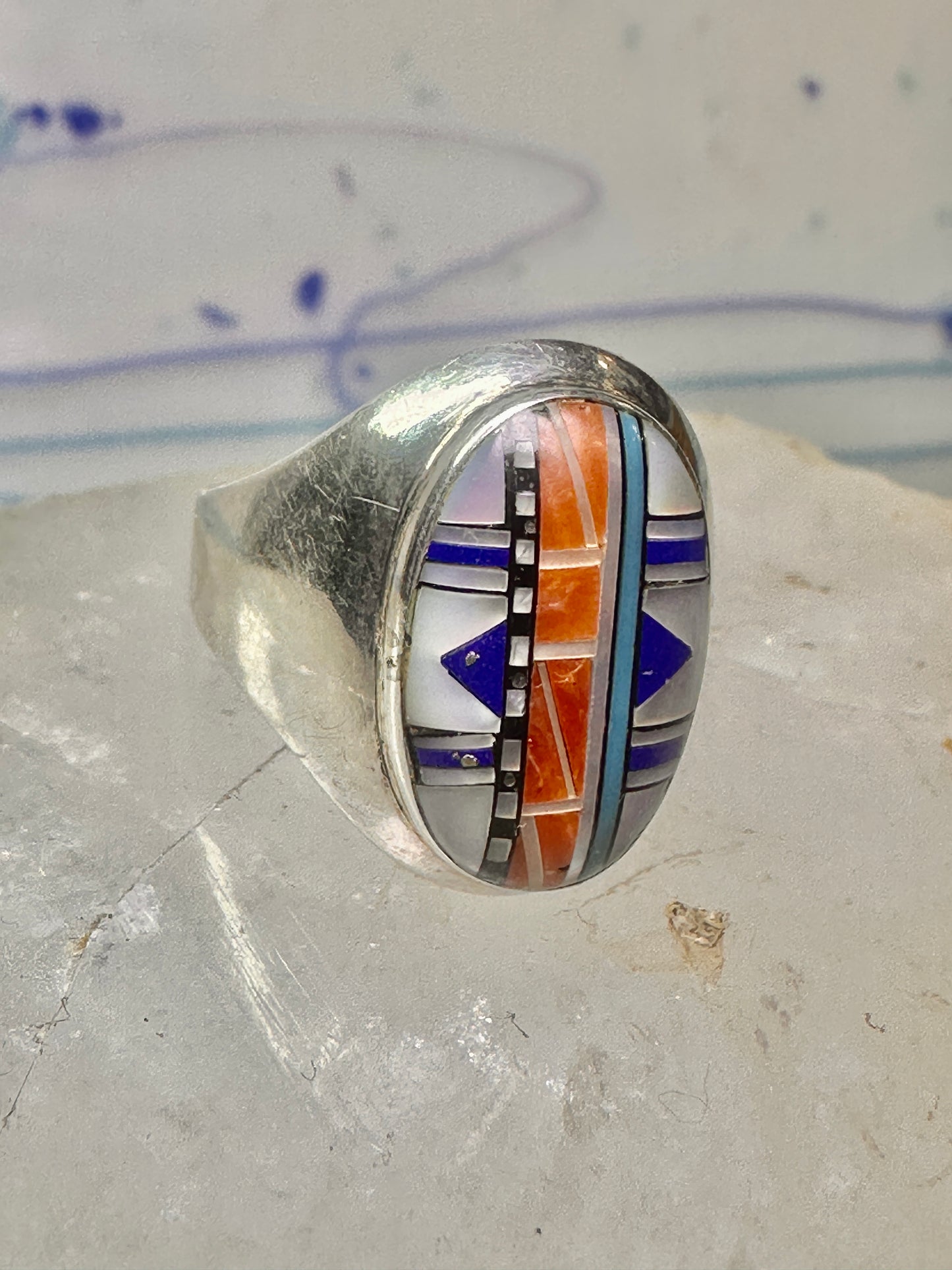Zuni ring size 8 Turquoise, Coral, Lapis Lazuli, MOP,sterling silver women sign JM