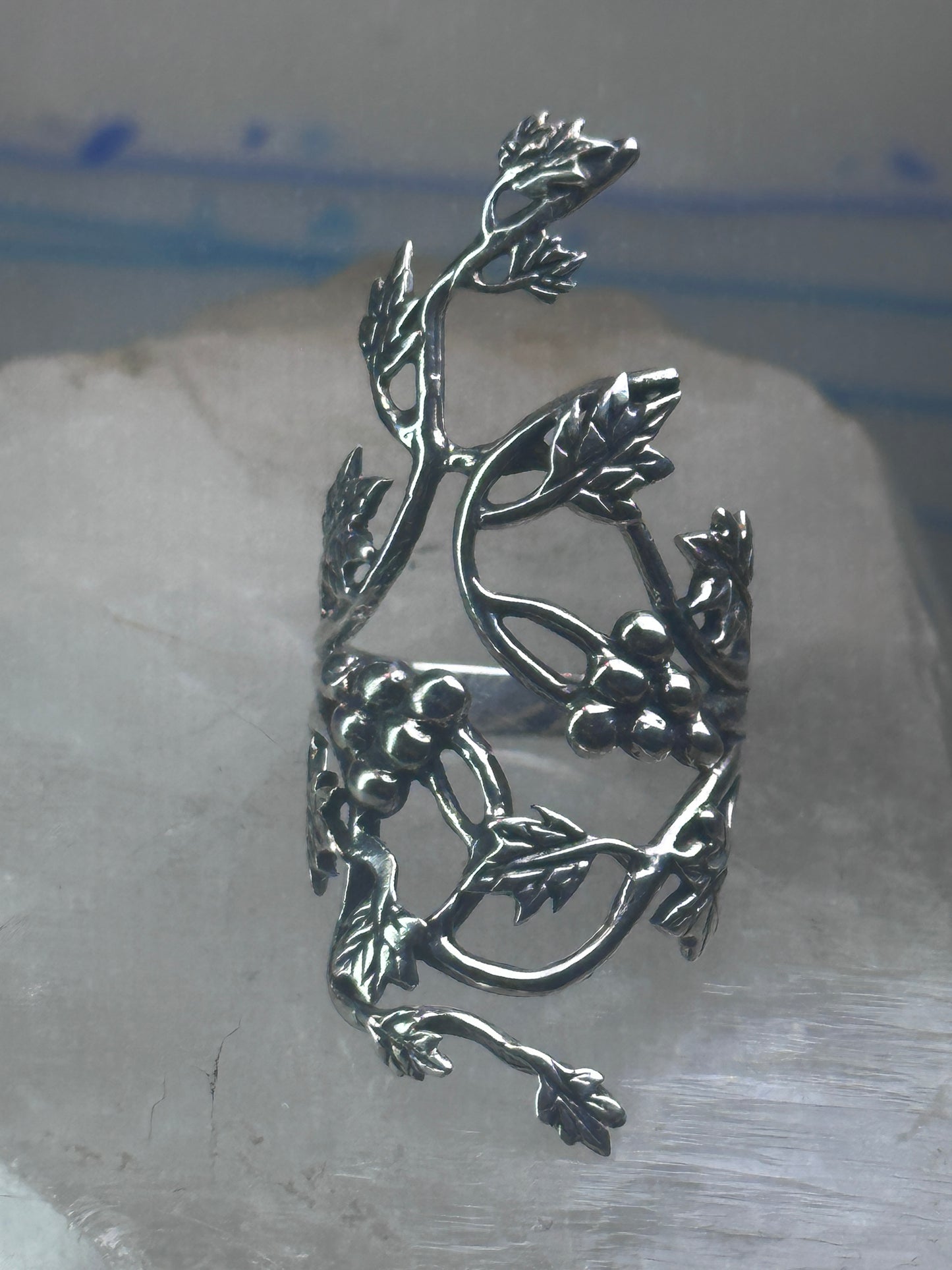 Long grape leaves ring long vine full finger band size 9 sterling silver women