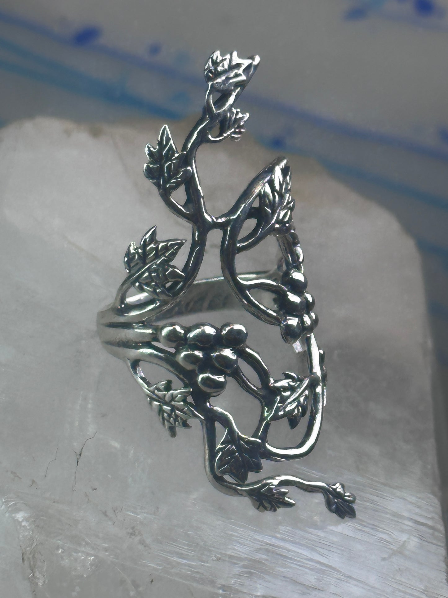 Long grape leaves ring long vine full finger band size 9 sterling silver women