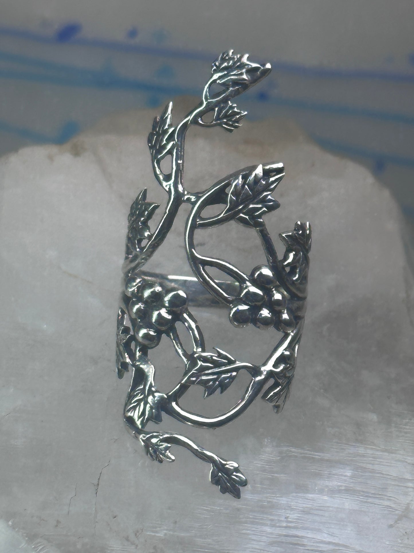 Long grape leaves ring long vine full finger band size 9 sterling silver women