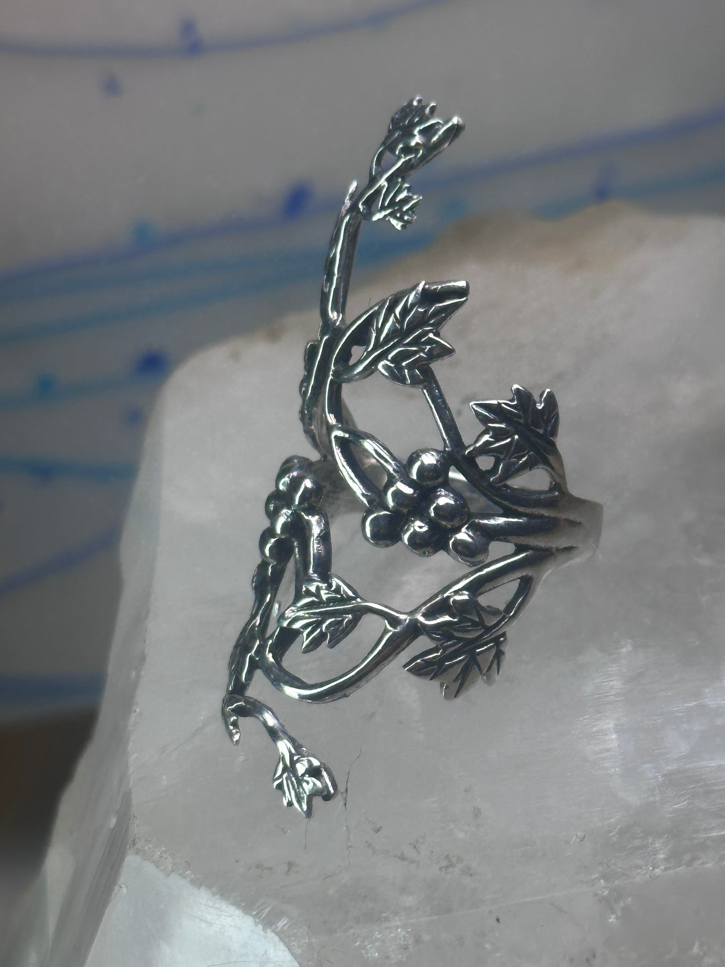 Long grape leaves ring long vine full finger band size 9 sterling silver women
