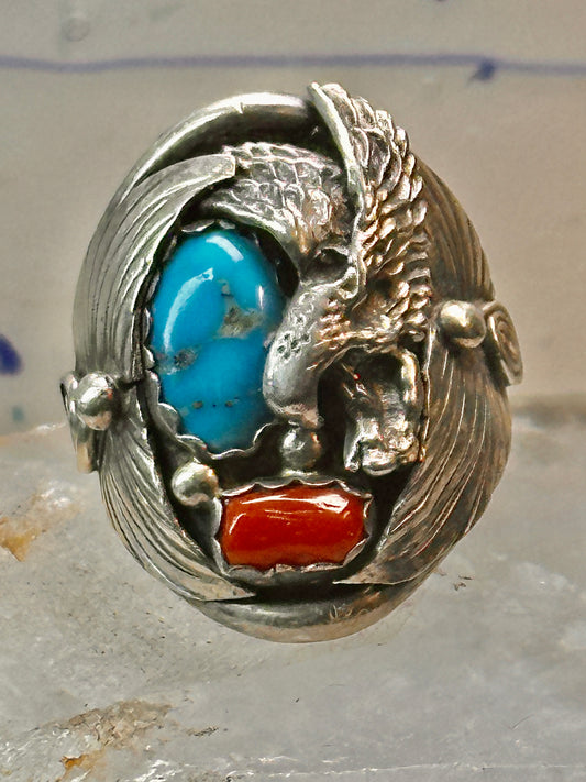 Eagle ring Navajo turquoise coral size 10.75 sterling silver women men