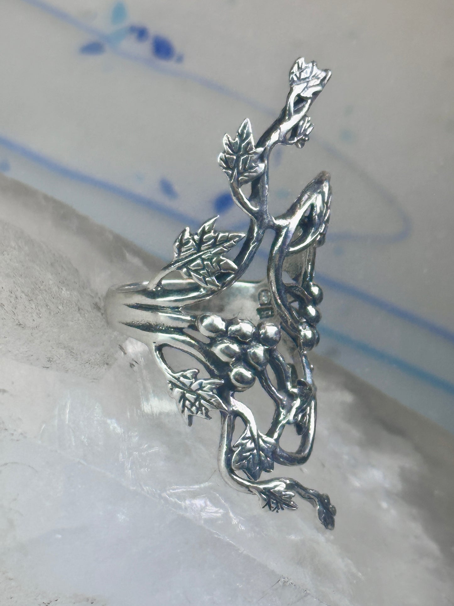 Long grape leaves ring long vine full finger band size 9 sterling silver women