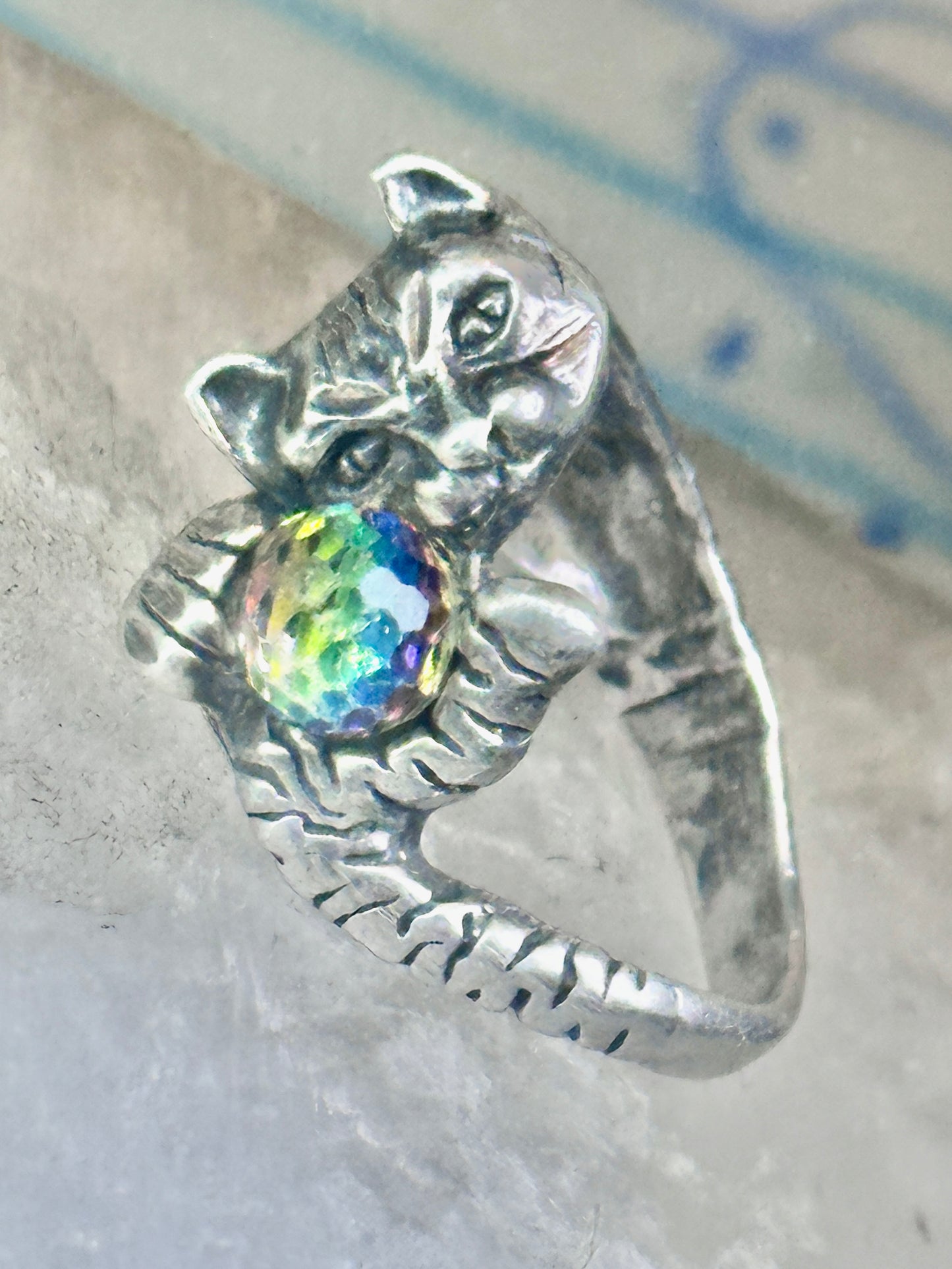 Cat ring with crystal rainbow ball band size 5 sterling silver women girls