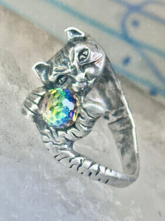 Cat ring with crystal rainbow ball band size 5 sterling silver women girls
