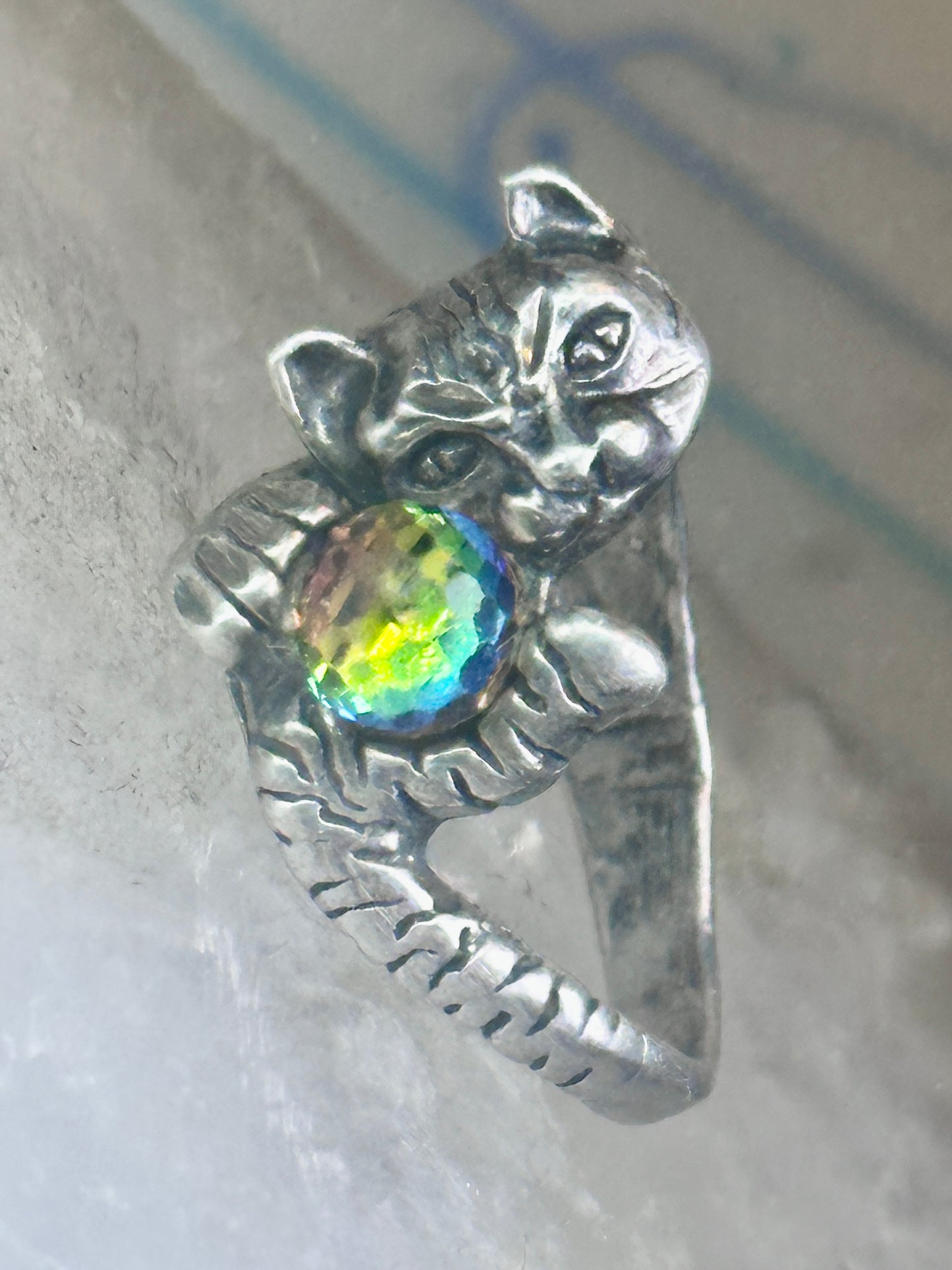 Cat ring with crystal rainbow ball band size 5 sterling silver women girls
