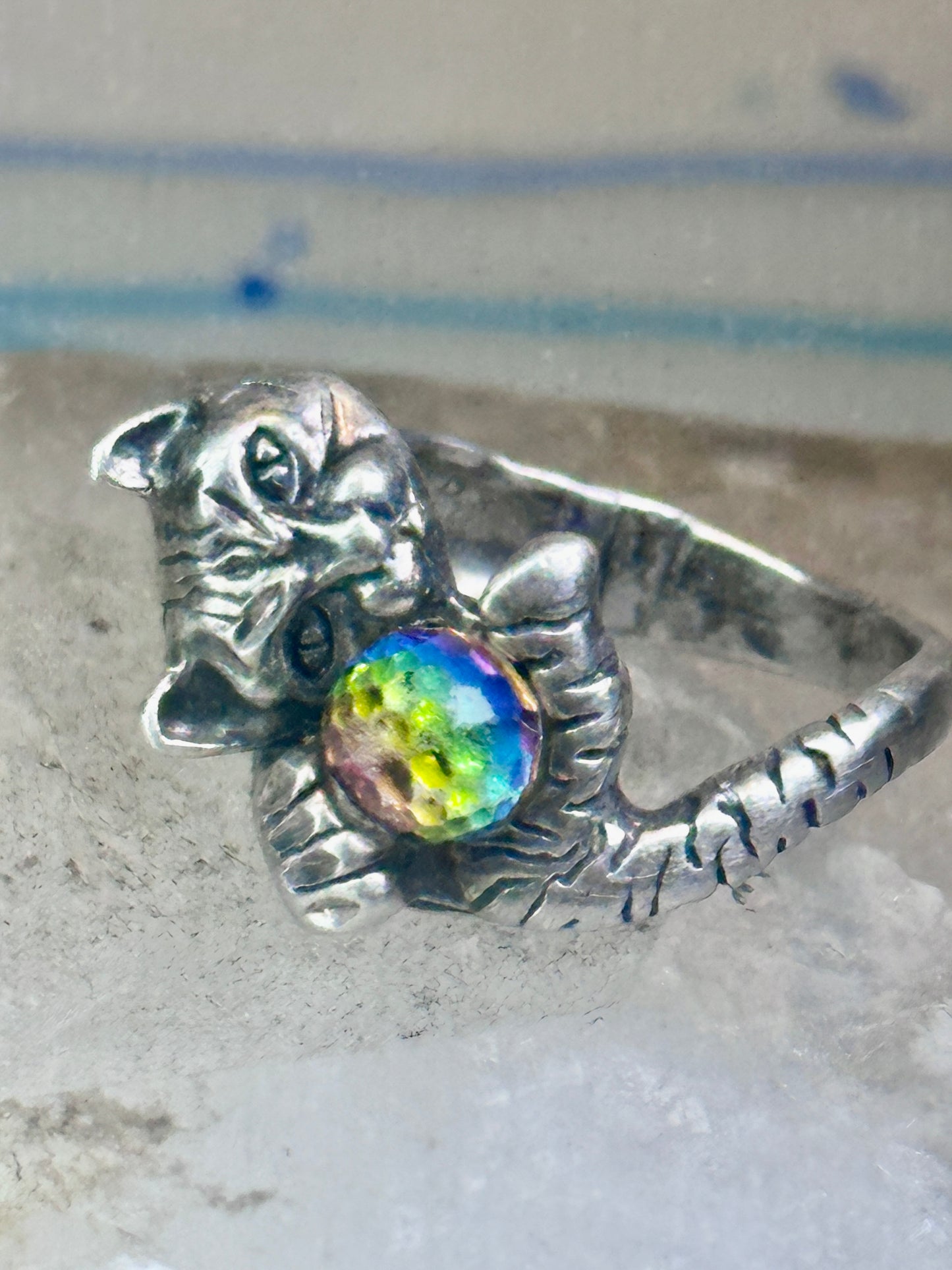 Cat ring with crystal rainbow ball band size 5 sterling silver women girls