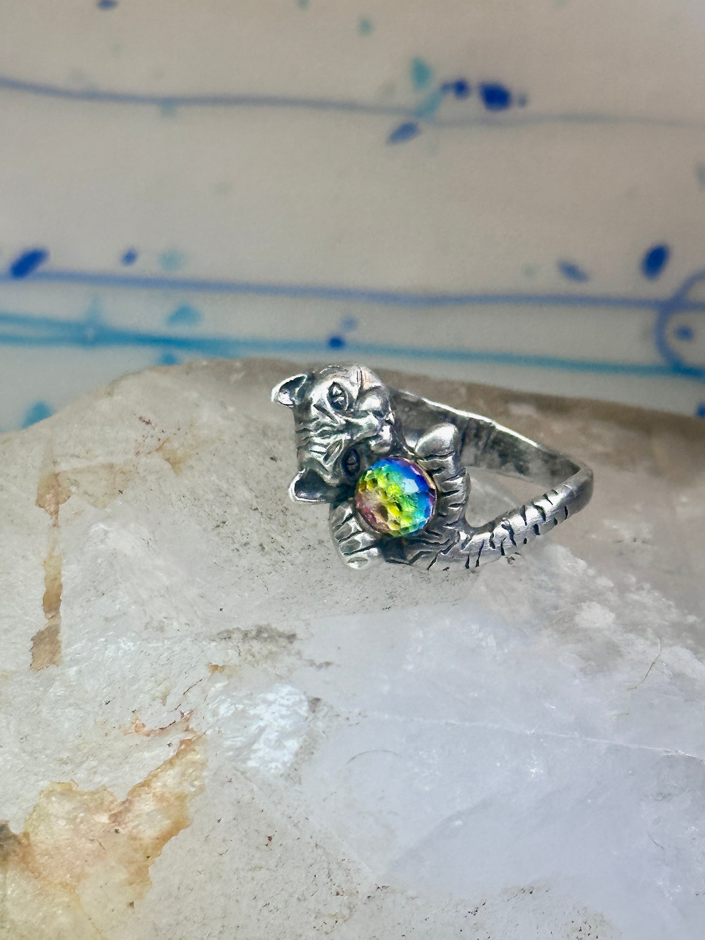 Cat ring with crystal rainbow ball band size 5 sterling silver women girls