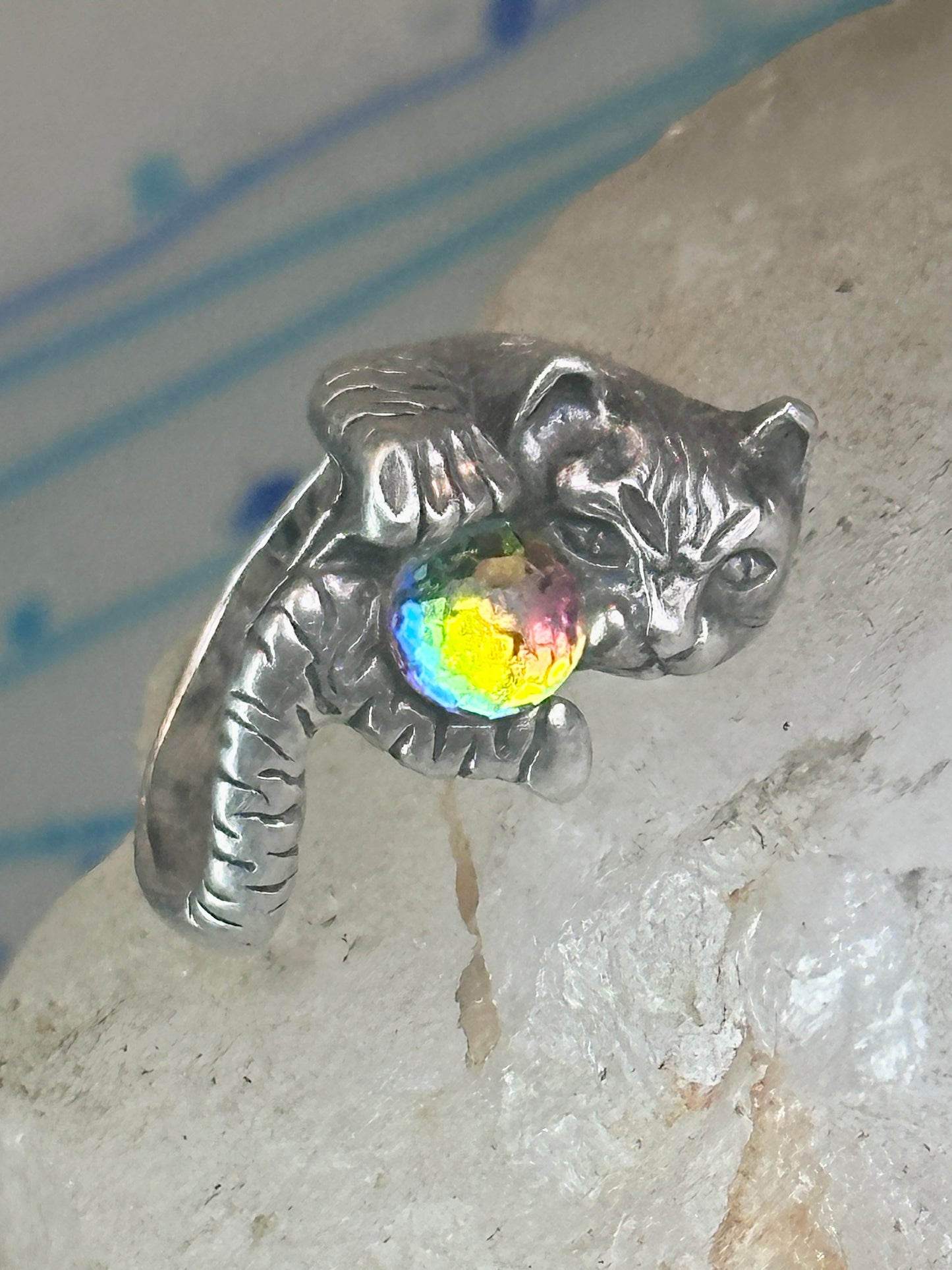 Cat ring with crystal rainbow ball band size 5 sterling silver women girls