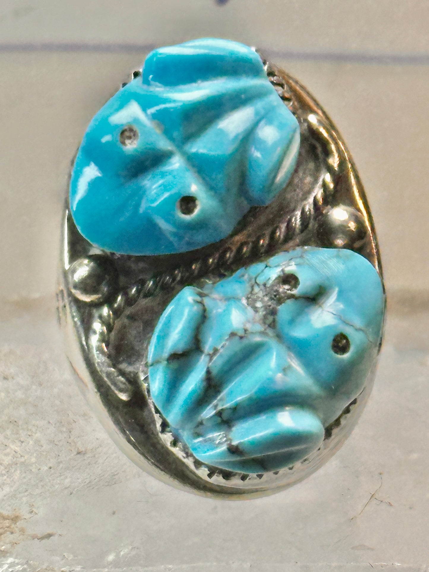 Carved Frog ring Navajo turquoise size 10.50 coin silver women men