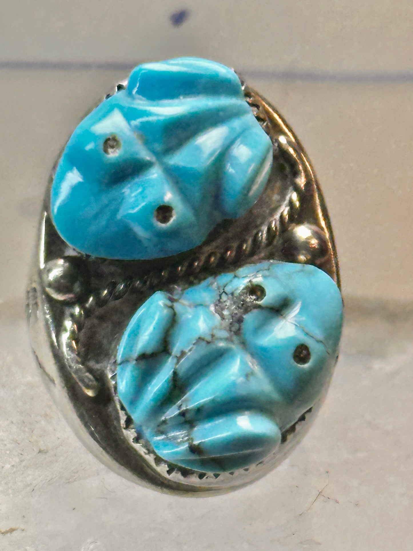 Carved Frog ring Navajo turquoise size 10.50 coin silver women men