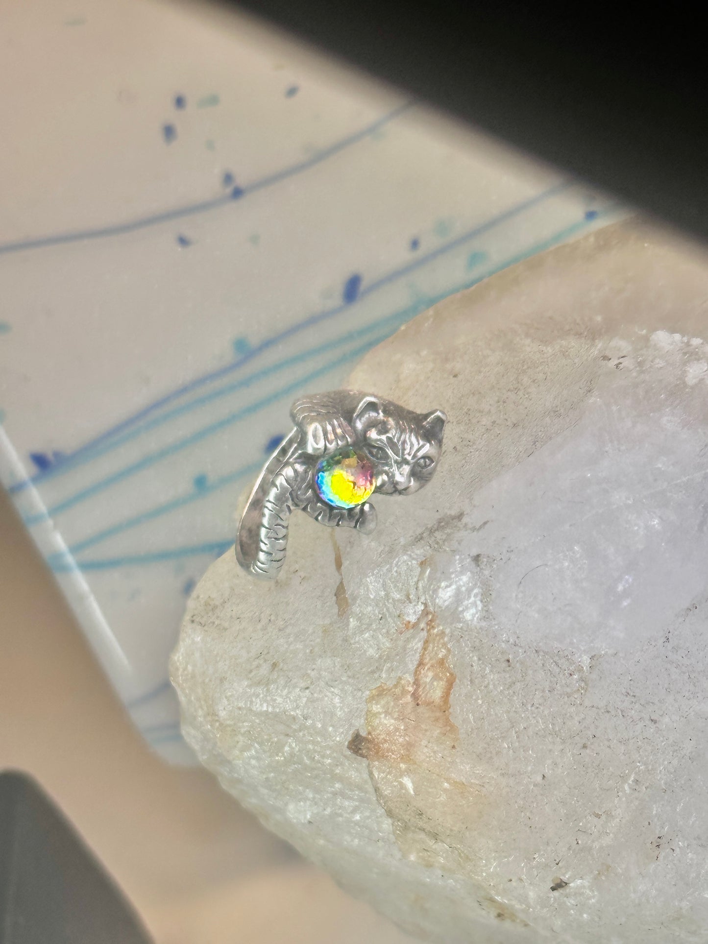 Cat ring with crystal rainbow ball band size 5 sterling silver women girls