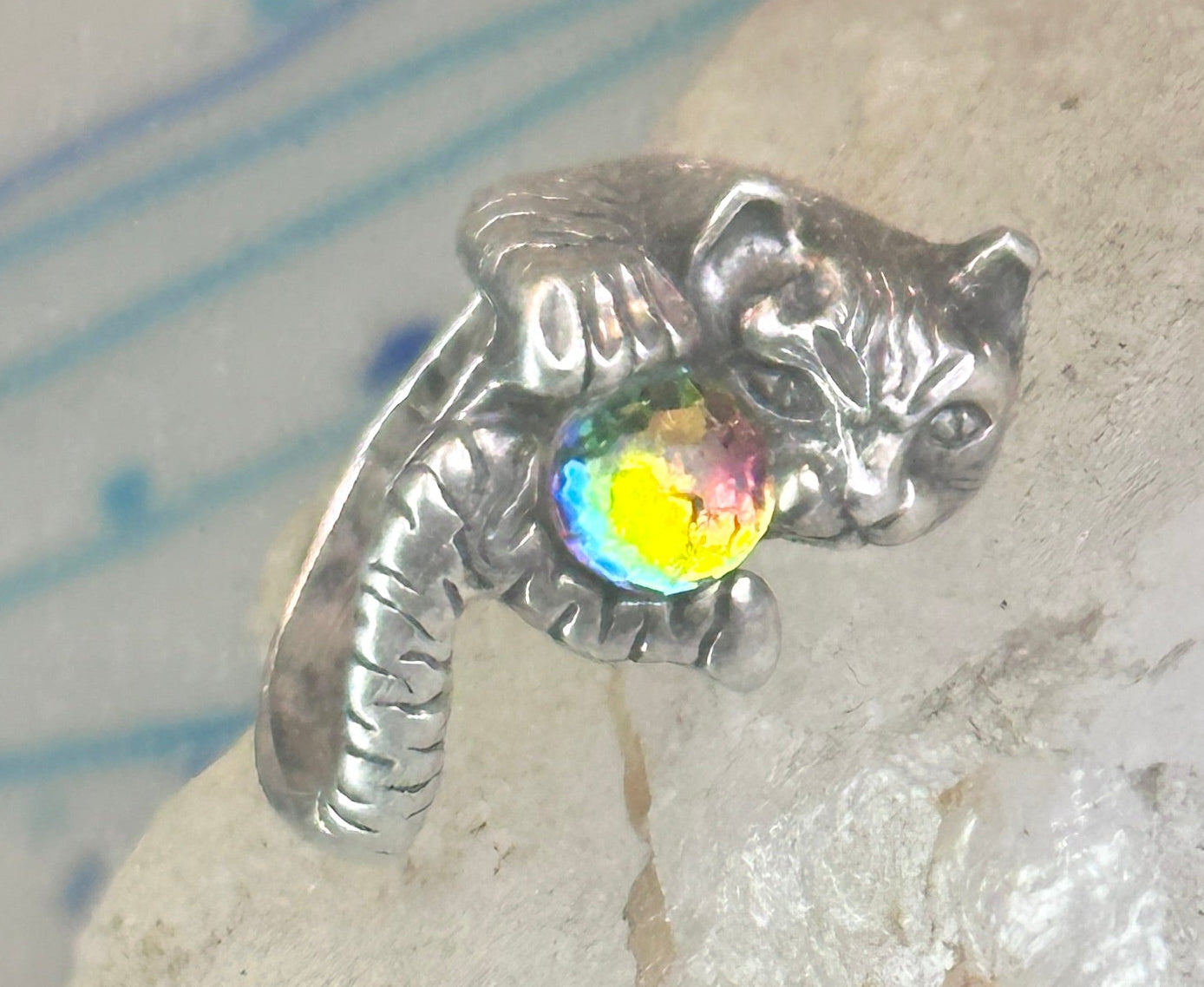Cat ring with crystal rainbow ball band size 5 sterling silver women girls