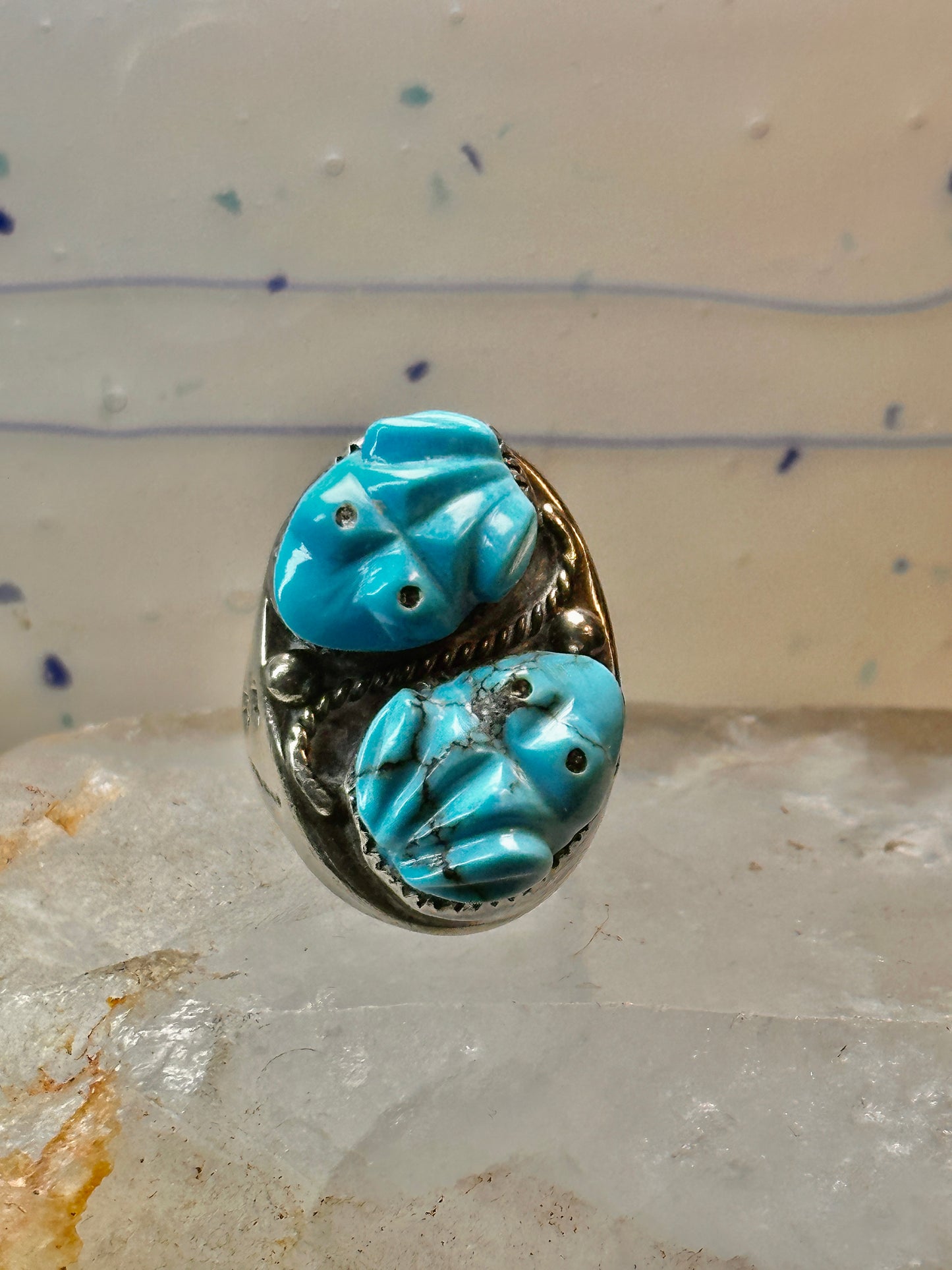 Carved Frog ring Navajo turquoise size 10.50 coin silver women men