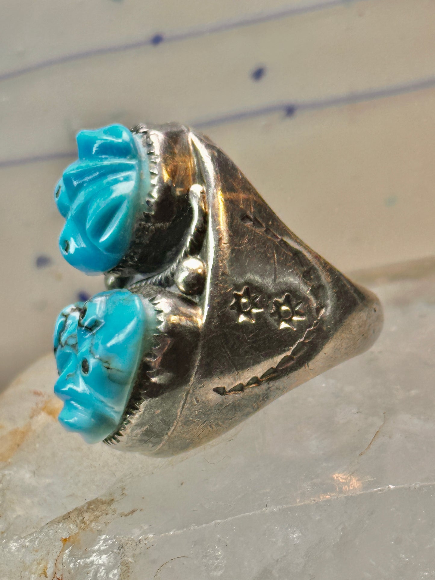 Carved Frog ring Navajo turquoise size 10.50 coin silver women men