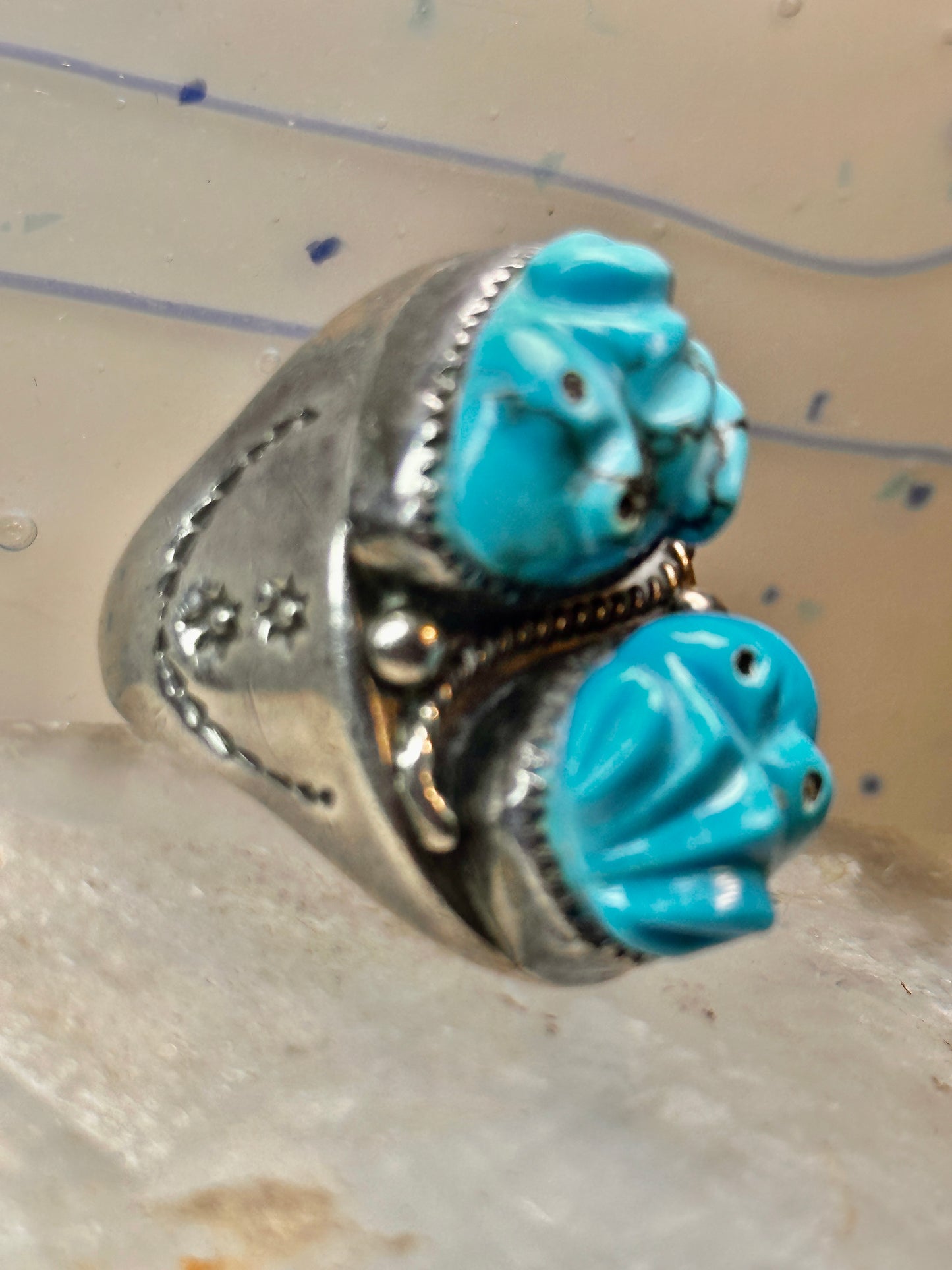 Carved Frog ring Navajo turquoise size 10.50 coin silver women men